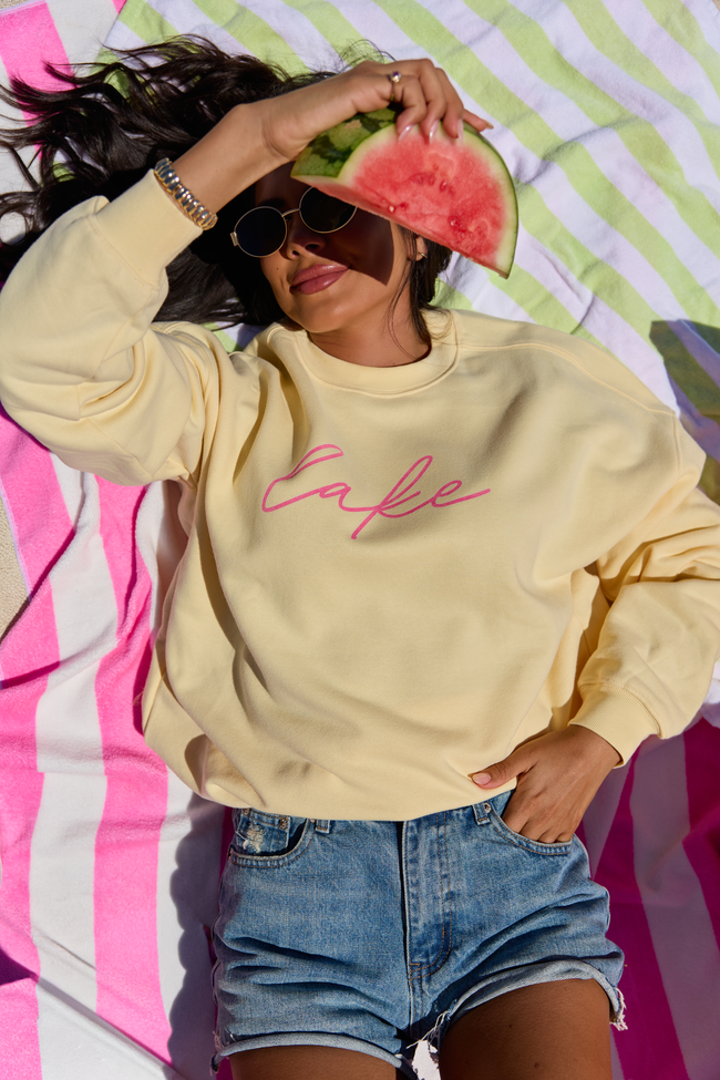 Lake Script Yellow Graphic Sweatshirt | Elegant Women's Fashion by coolavocek