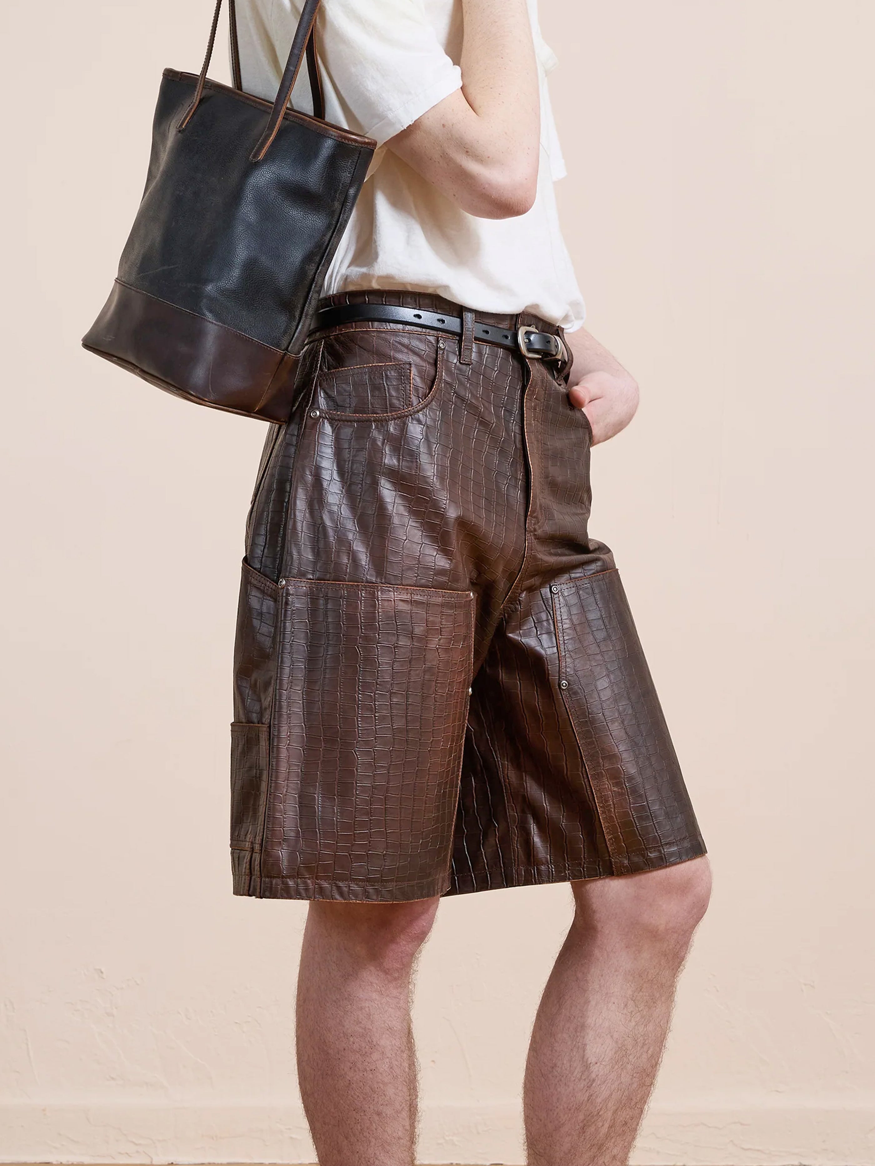 Distressed Croc Embossed Leather Shorts | Modern Menswear by yycbvcnbmmnbm