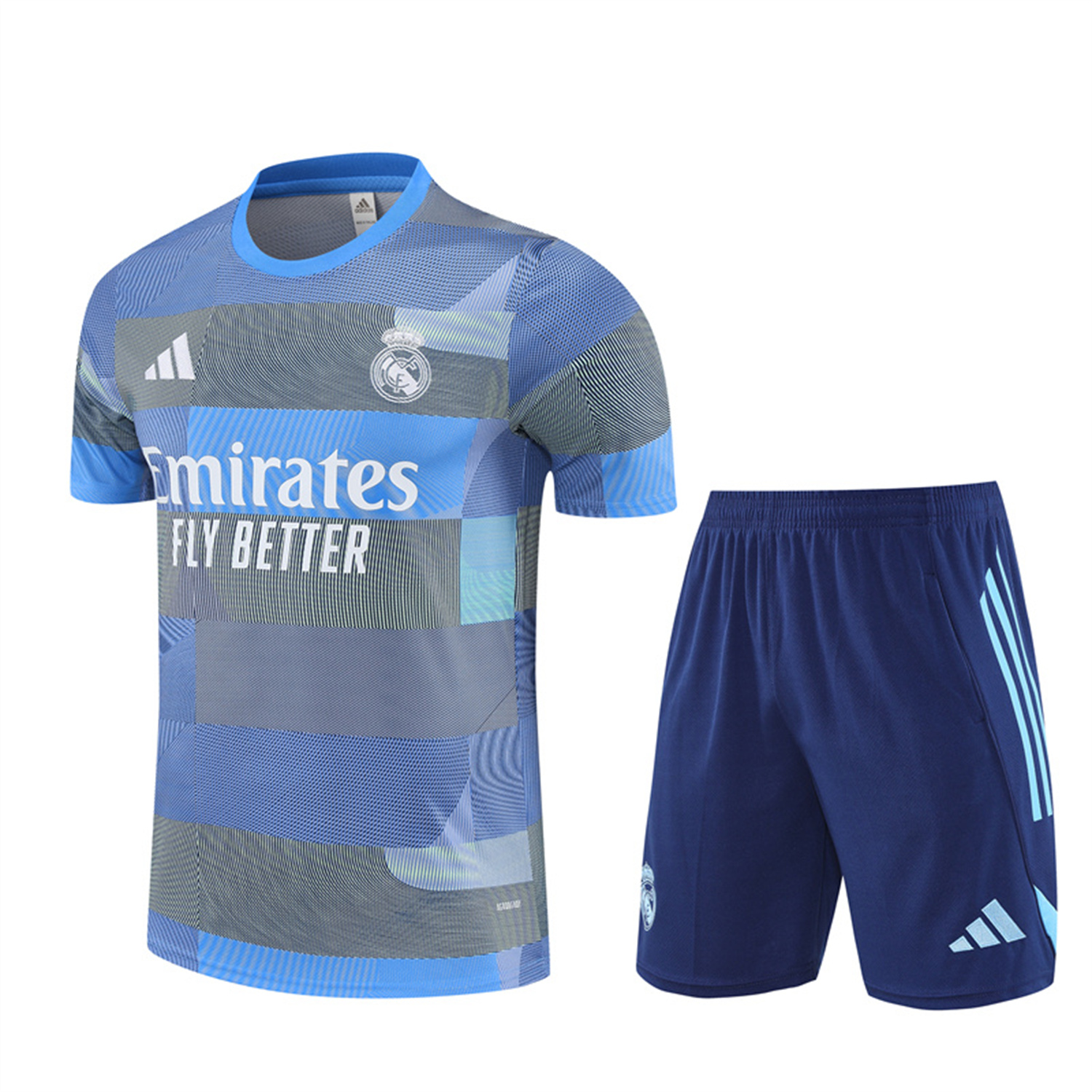 AlphaJersey-Real Madrid 25-26 Pre-Match Short-Sleeve Training Set - Blue-Gray Camouflage Top and Blue Shorts