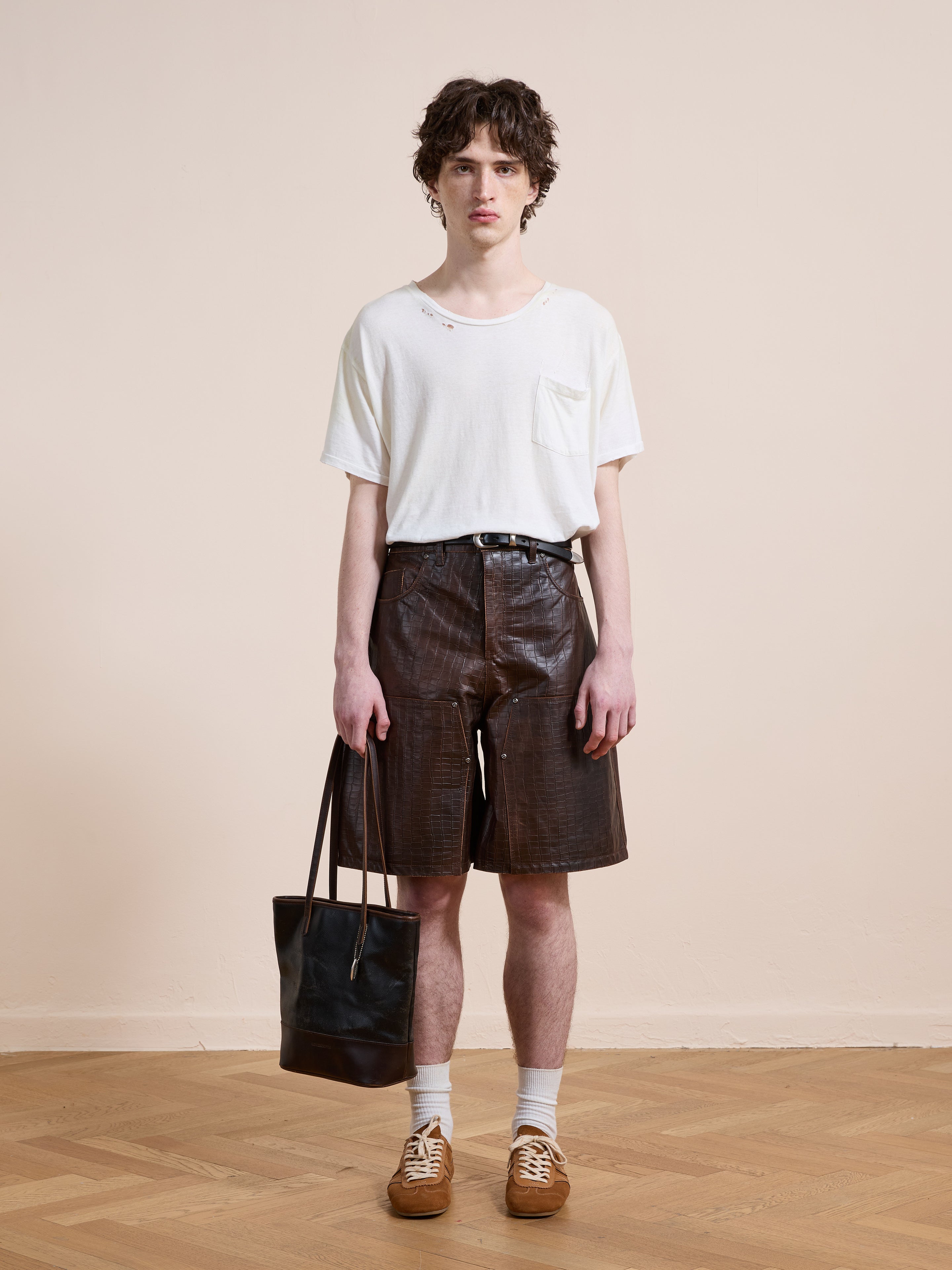 Distressed Croc Embossed Leather Shorts | Modern Menswear by yycbvcnbmmnbm