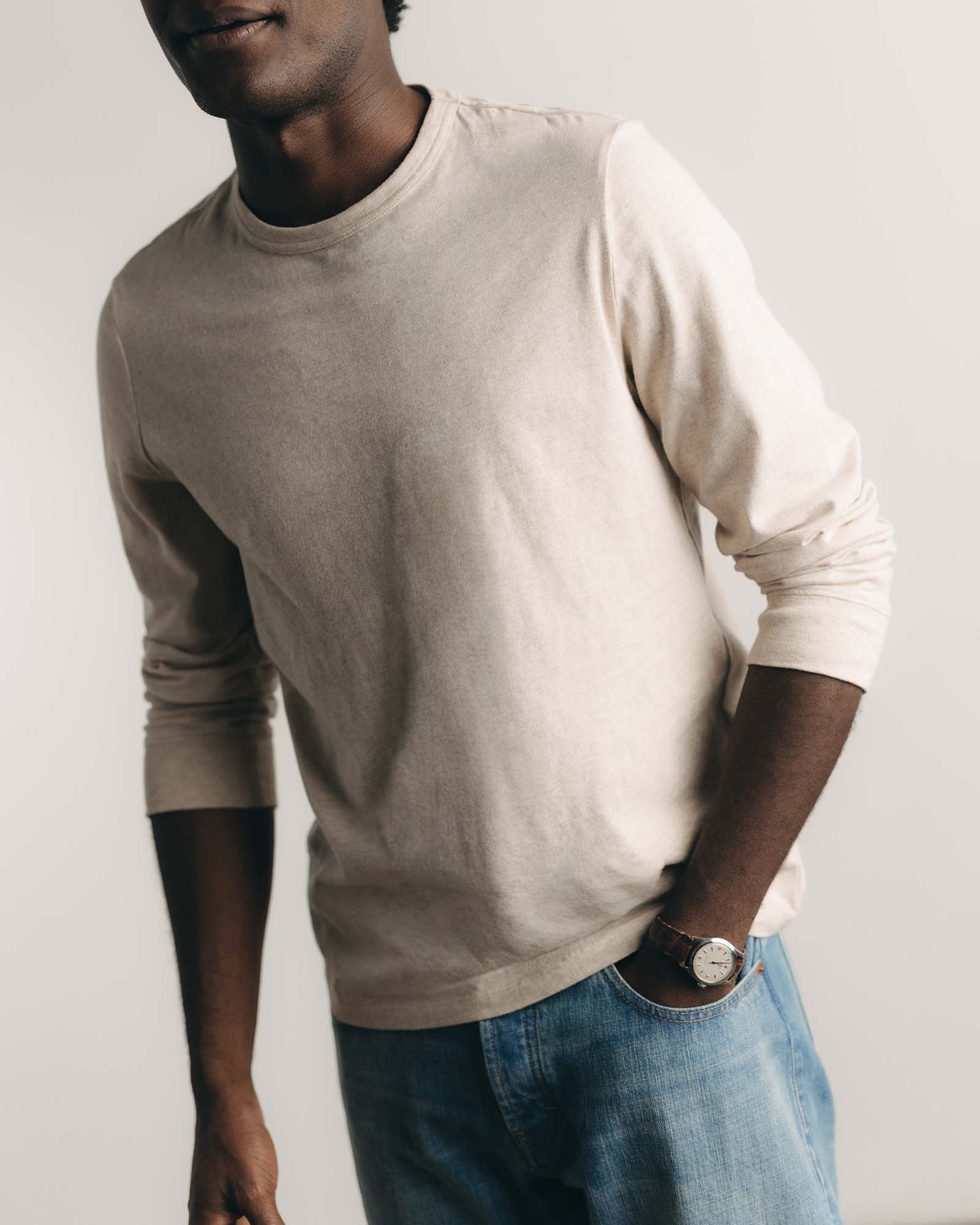 The Organic Cotton Long Sleeve Tee in Heather Oat | Modern Menswear by yycbvcnbmmnbm