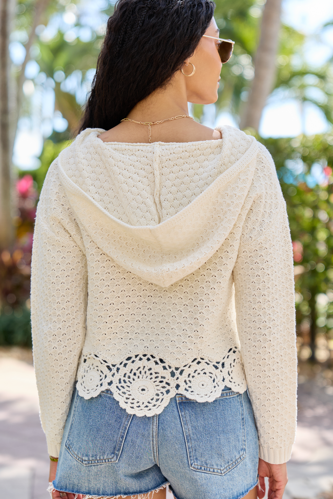 Harrisyn Ivory Cropped Crochet V-Neck Hoodie | Elegant Women's Fashion by coolavocek