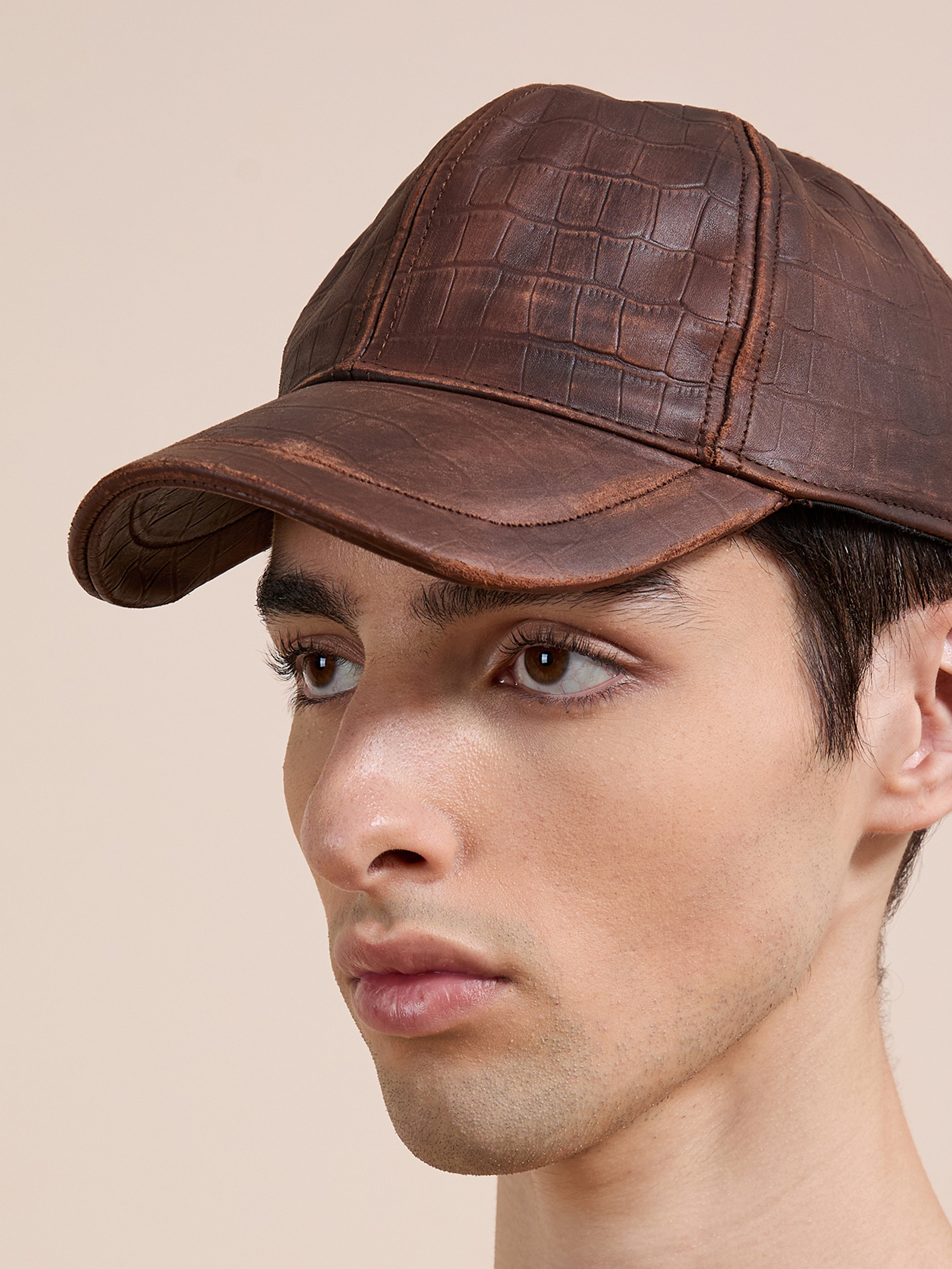 Croc Embossed Distressed Leather Cap | Modern Menswear by yycbvcnbmmnbm