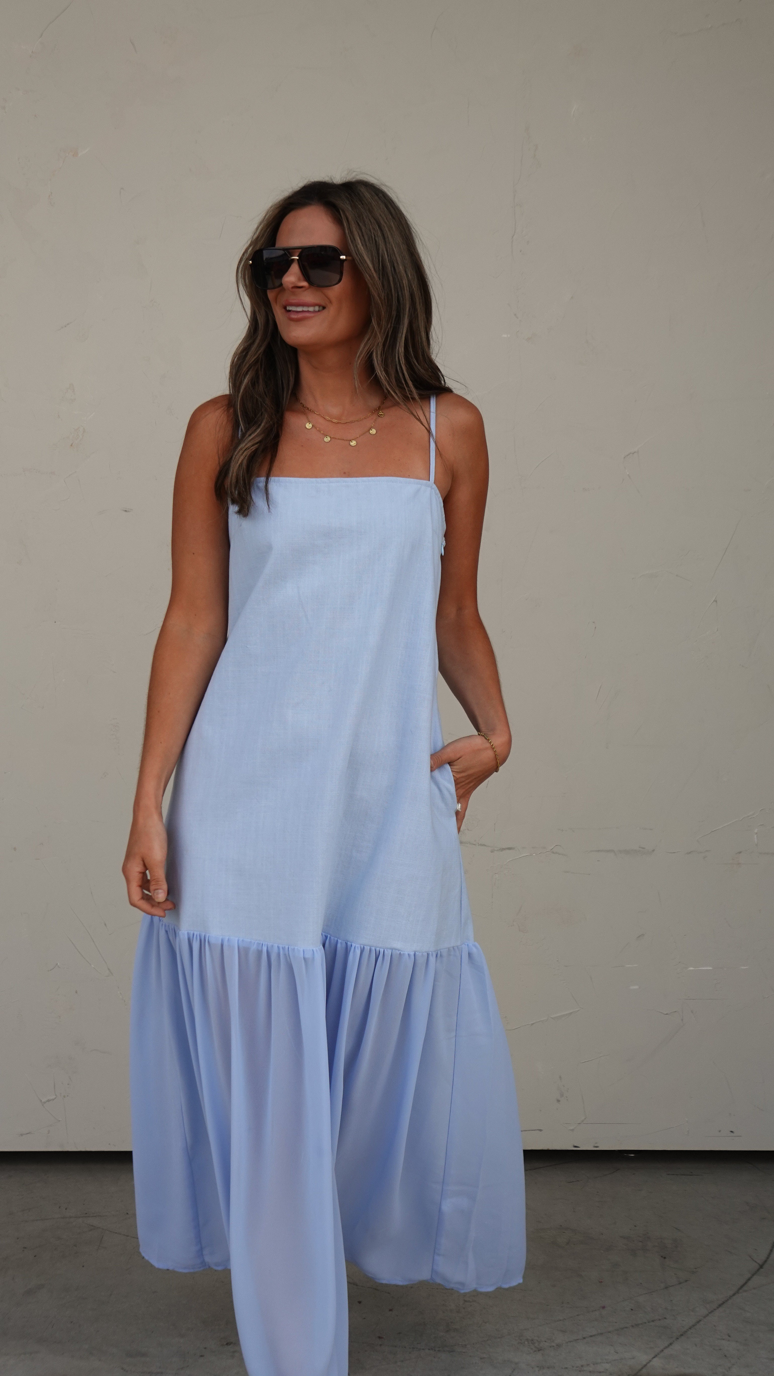 Powder Blue Half Sheer Maxi Dress | Elegant Women's Fashion by coolavocek