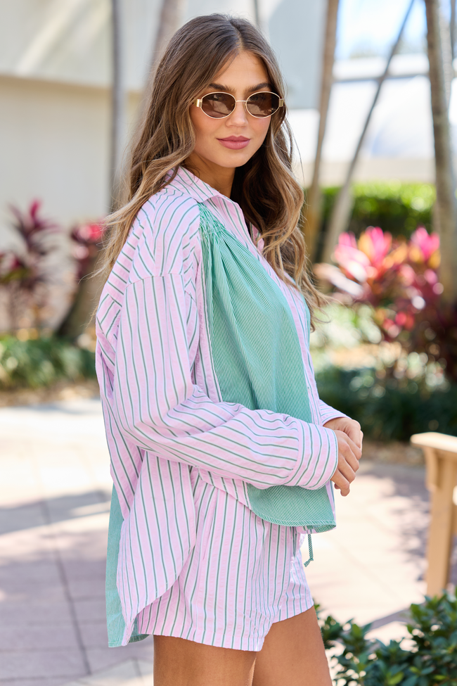 Palm Grove Light Pink and Green Multi Stripe Button Down Shirt | Elegant Women's Fashion by coolavocek