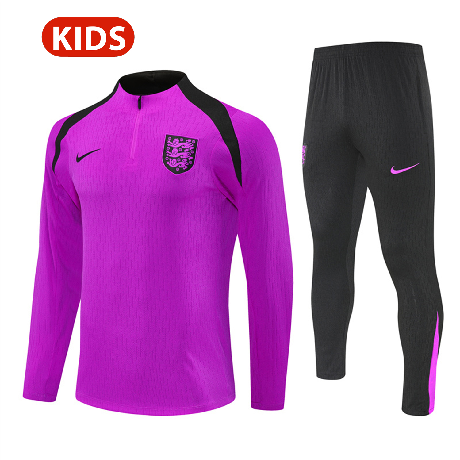 AlphaJersey-England 25-26 Kids Long Sleeve Training Set - Player Version - Purple Top and Black Pants