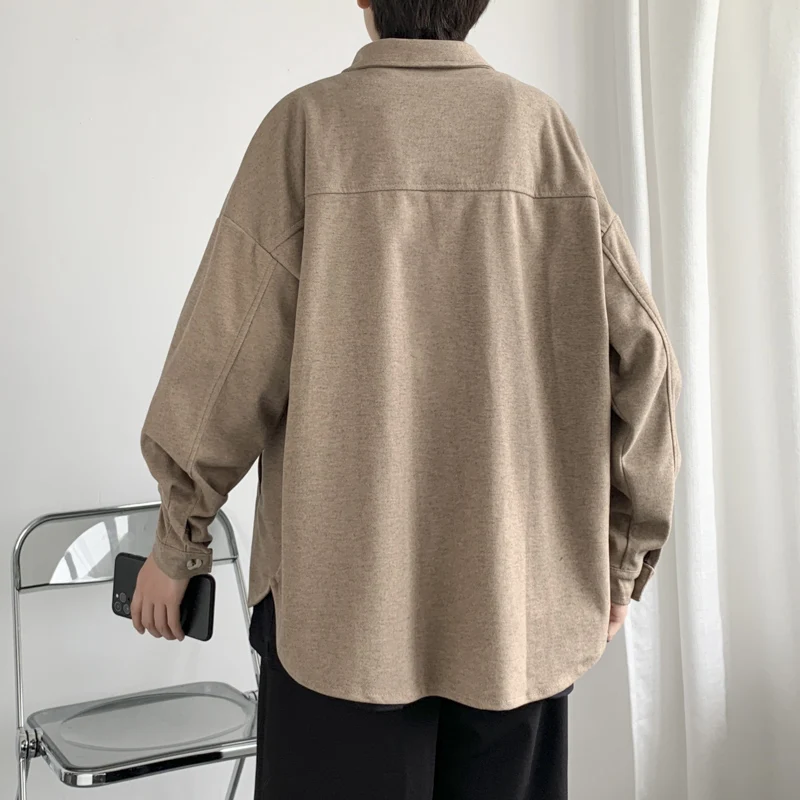Hanbok Retro Thick Woolen Shirt, Men's Autumn and Winter Long-sleeved Brown Lapel Top, Casual Loose Harajuku Couple Suit