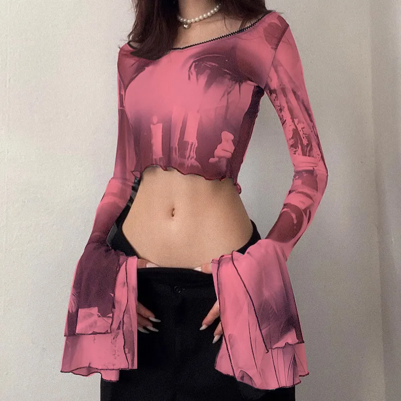 Summer 2022 t-shirts Printed Mesh Round Neck Pullover Horn Long Sleeve Casual European Beauty Dress tops y2k clothes Wholesale