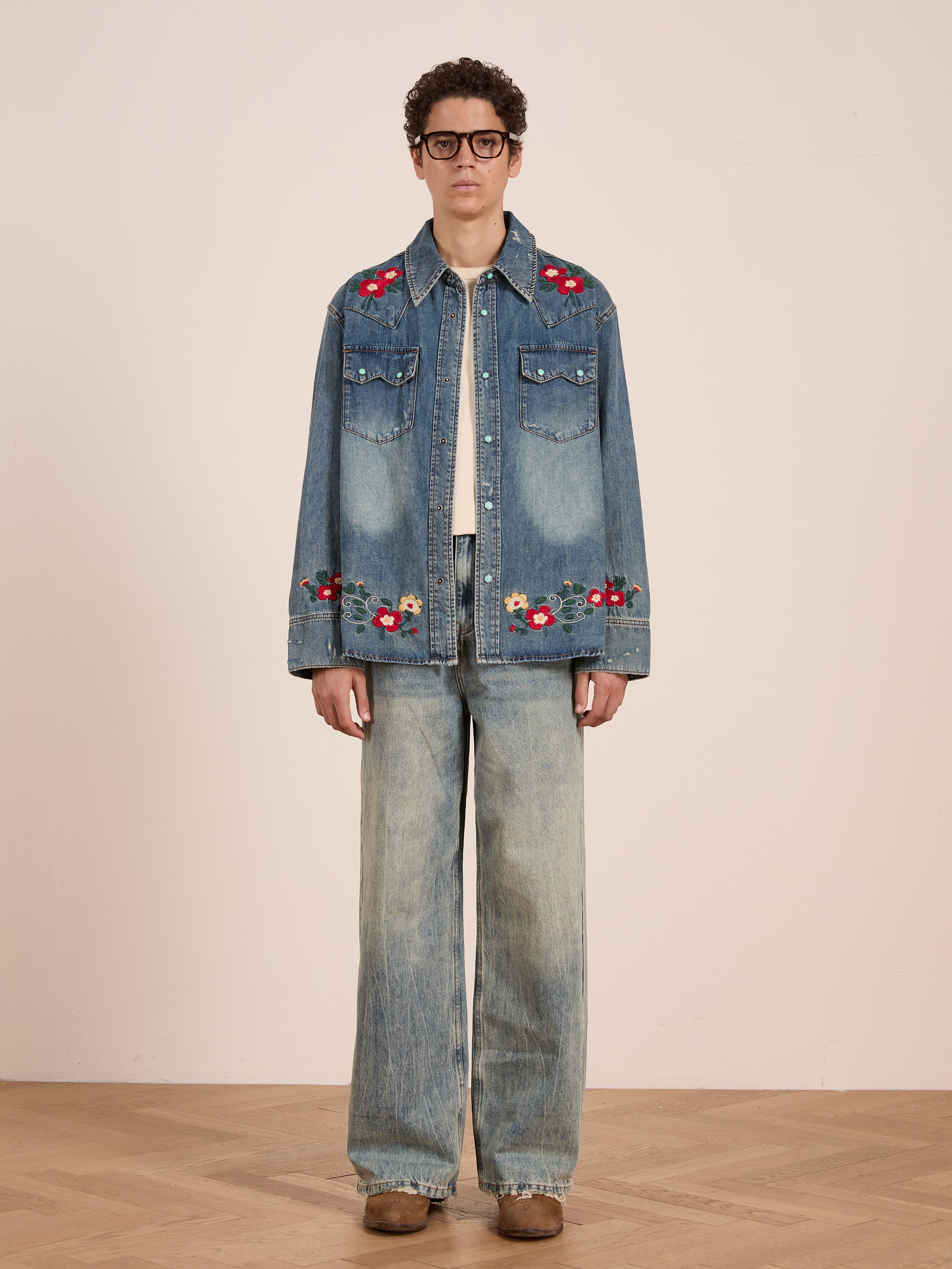 Floral Embroidered Western Denim Shirt | Modern Menswear by yycbvcnbmmnbm