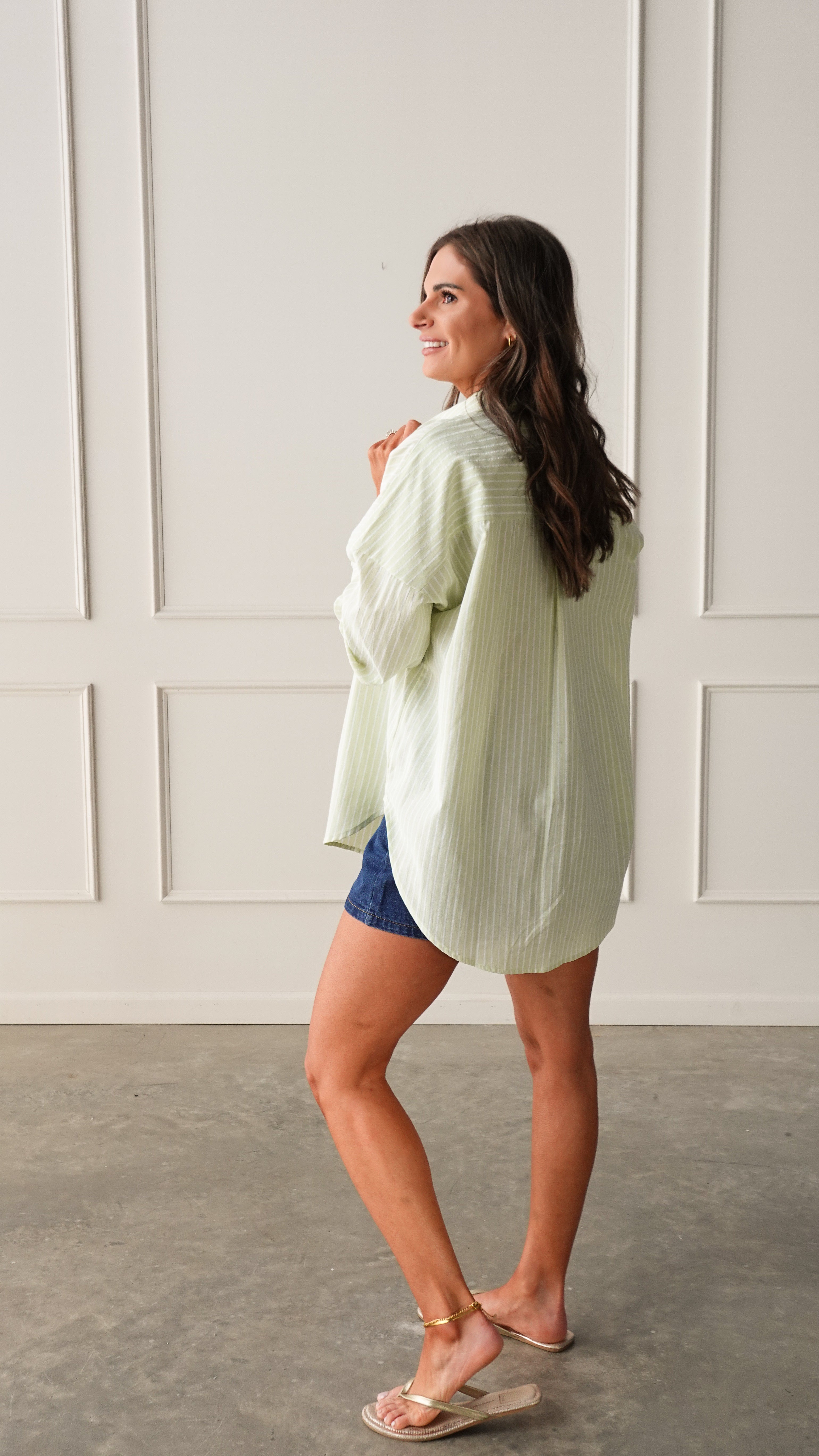 Green Striped Button-Down Shirt | Elegant Women's Fashion by coolavocek