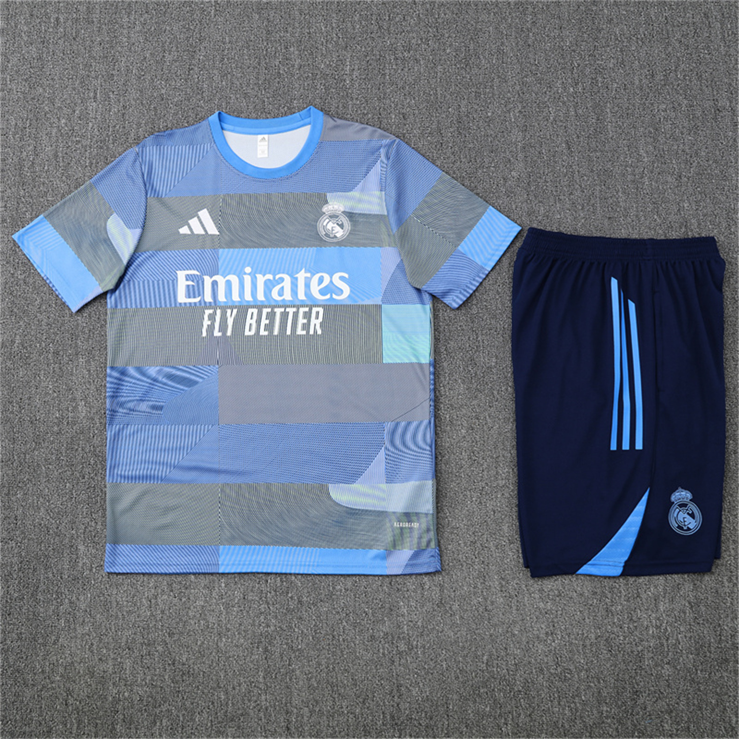 AlphaJersey-Real Madrid 25-26 Pre-Match Kids Short-Sleeve Training Set - Blue-Gray Camouflage Top and Blue Shorts