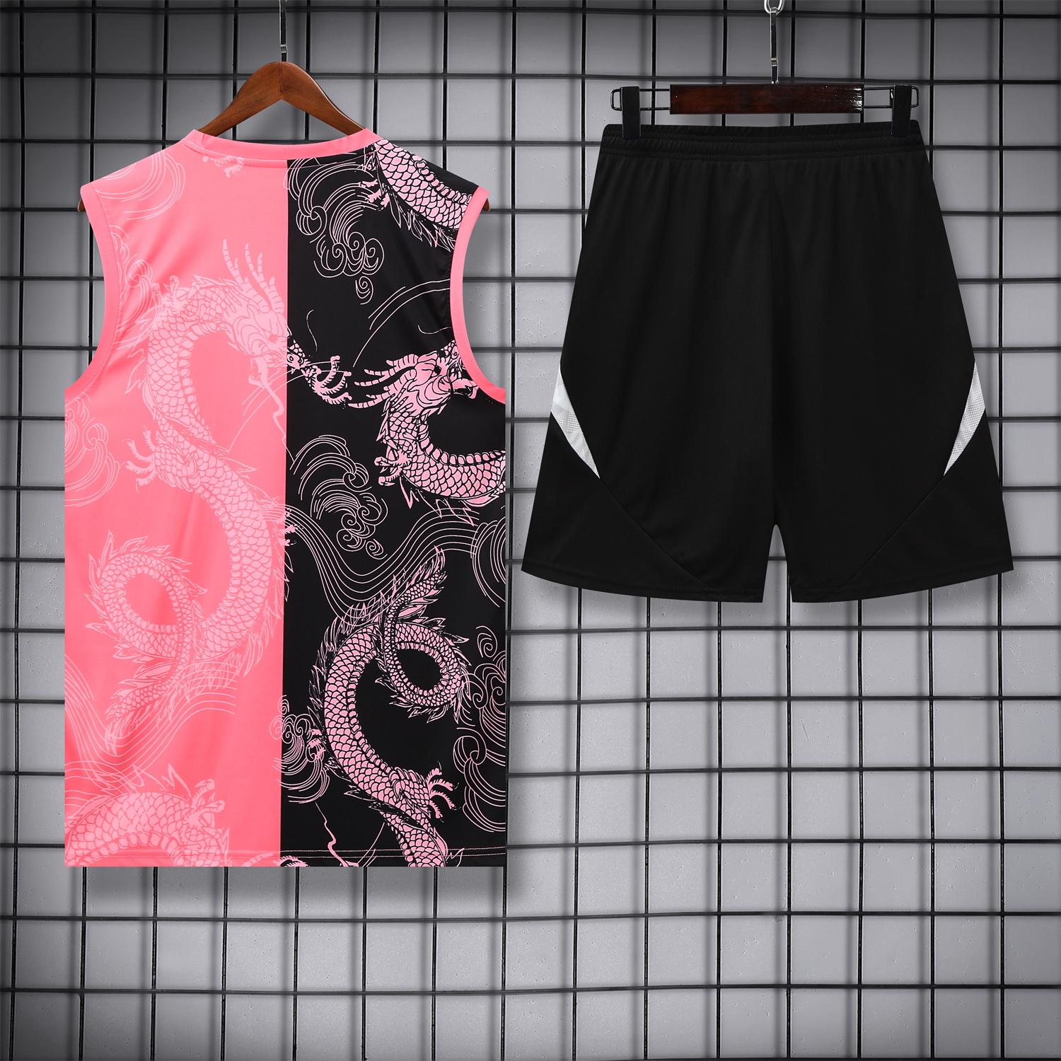 AlphaJersey-Real Madrid 25-26 Vest Training Set - Pink-Black Dragon Vest & Black-White Shorts