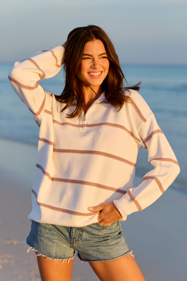 Sunday Stripe Club White And Taupe Quarter Zip | Elegant Women's Fashion by coolavocek