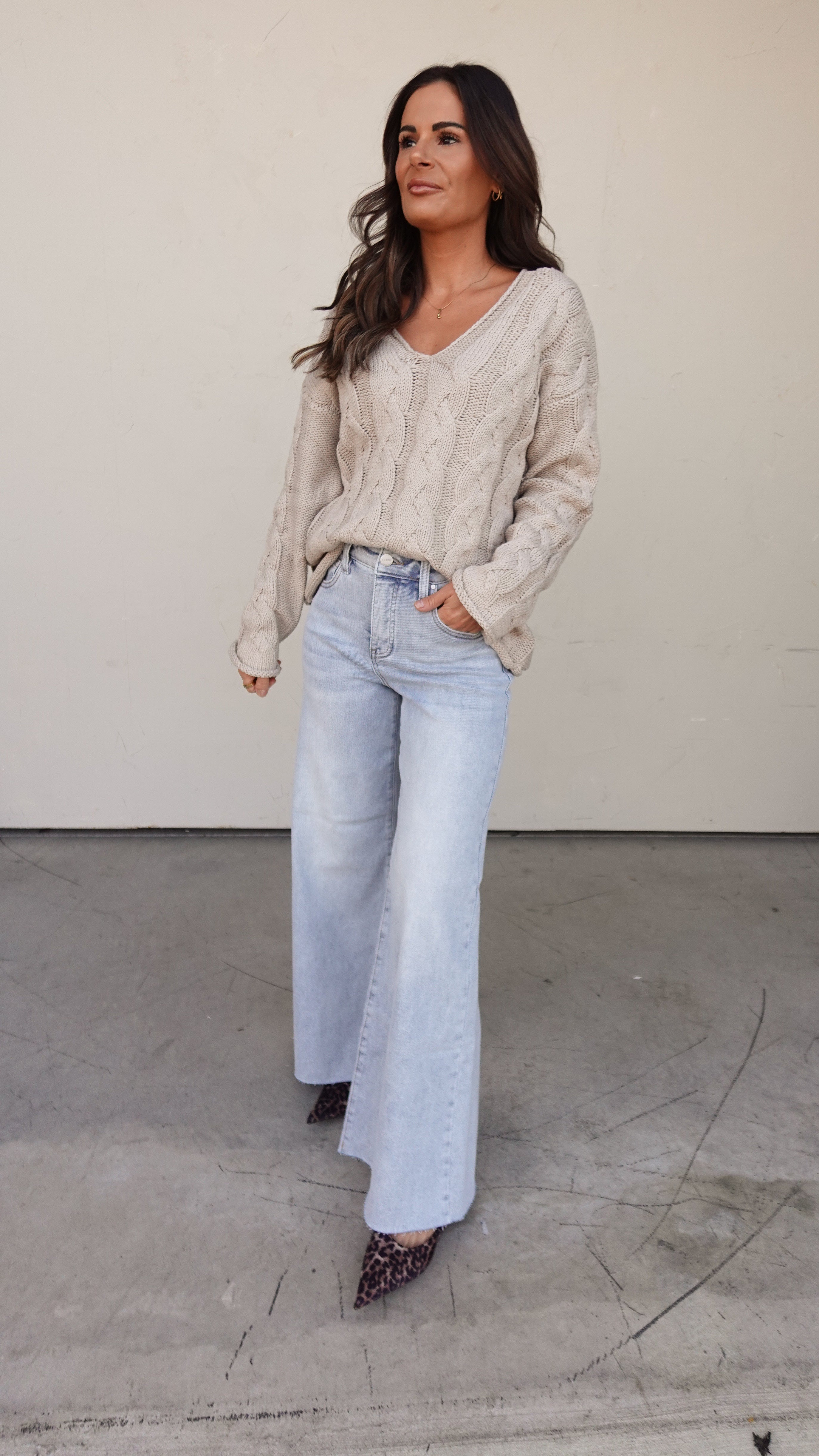 Taupe Cableknit V-Neck Sweater | Elegant Women's Fashion by coolavocek