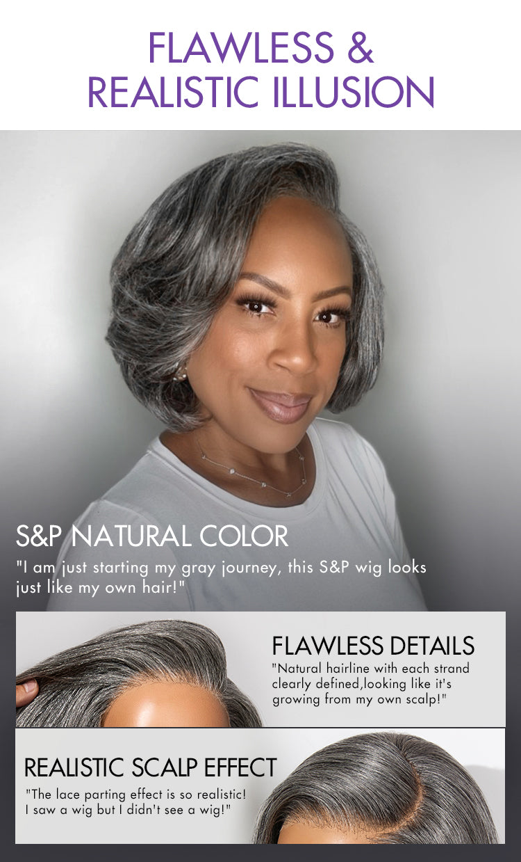Boss Vibe Salt & Pepper Layered Bob / Body Wave Glueless Pre-Cut Minimalist Lace Grey Wig