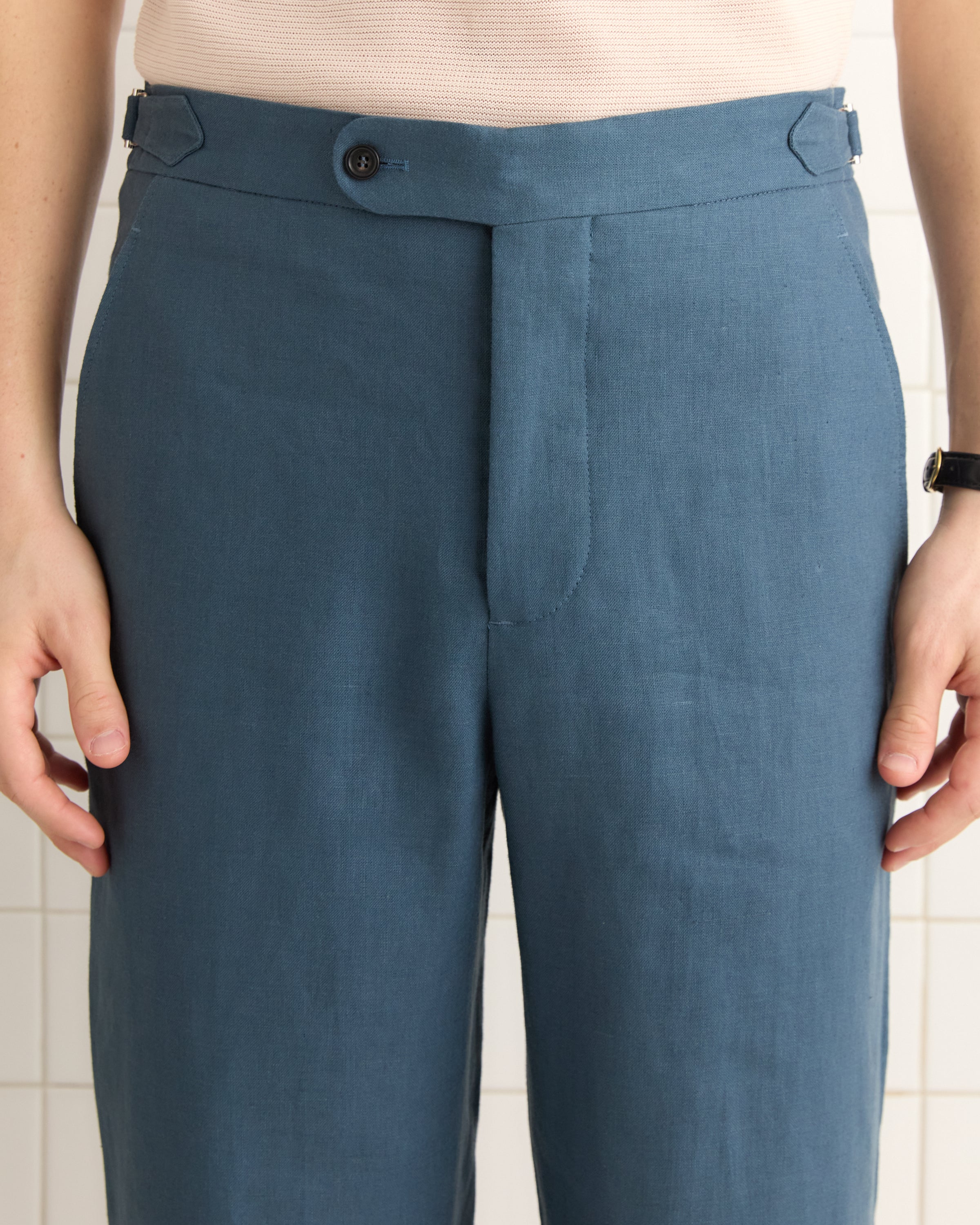 Lightweight Linen Side-Buckle Trousers - Teal | Modern Menswear by yycbvcnbmmnbm
