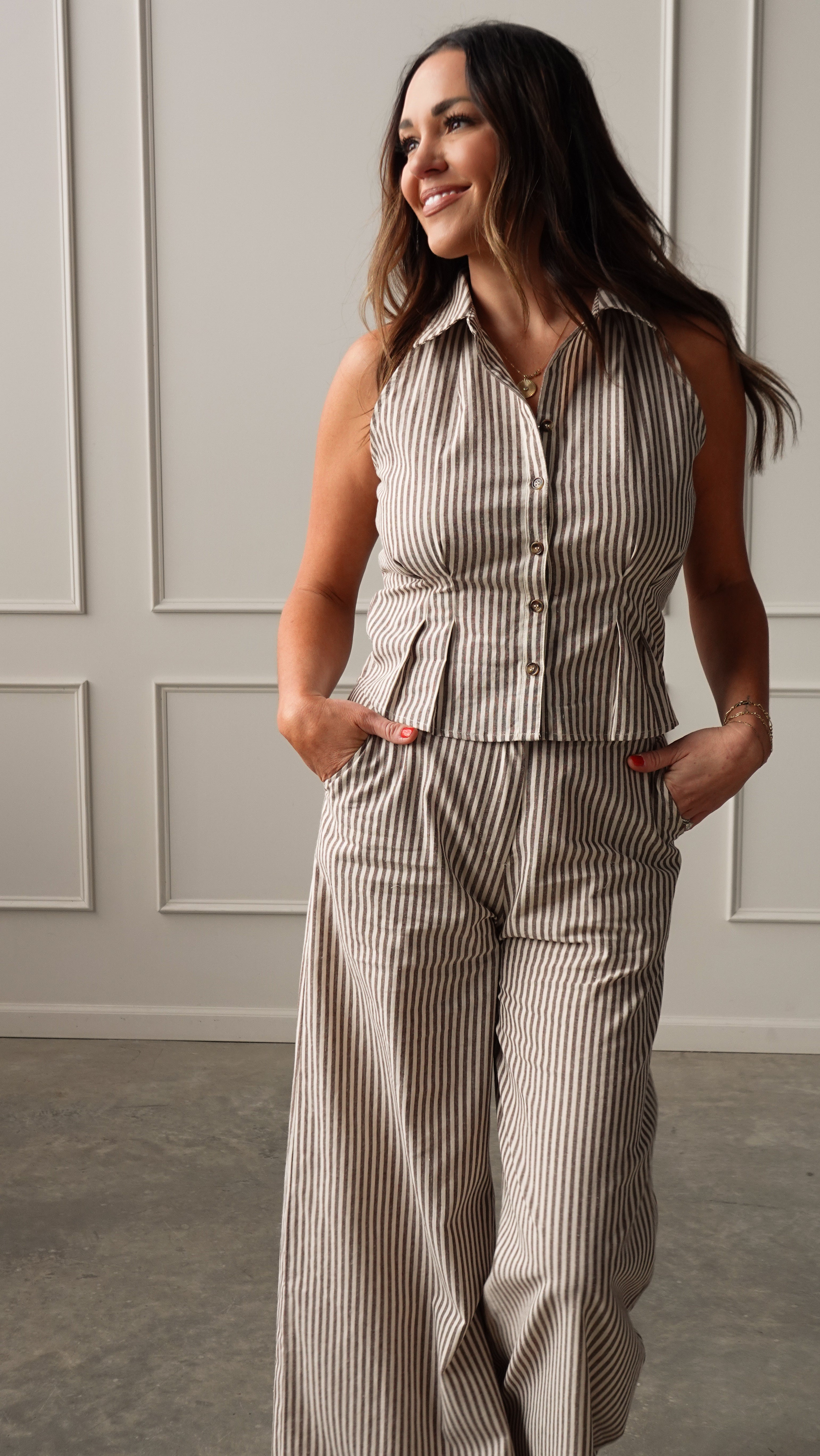 Brown Striped Wide-Leg Trouser | Elegant Women's Fashion by coolavocek