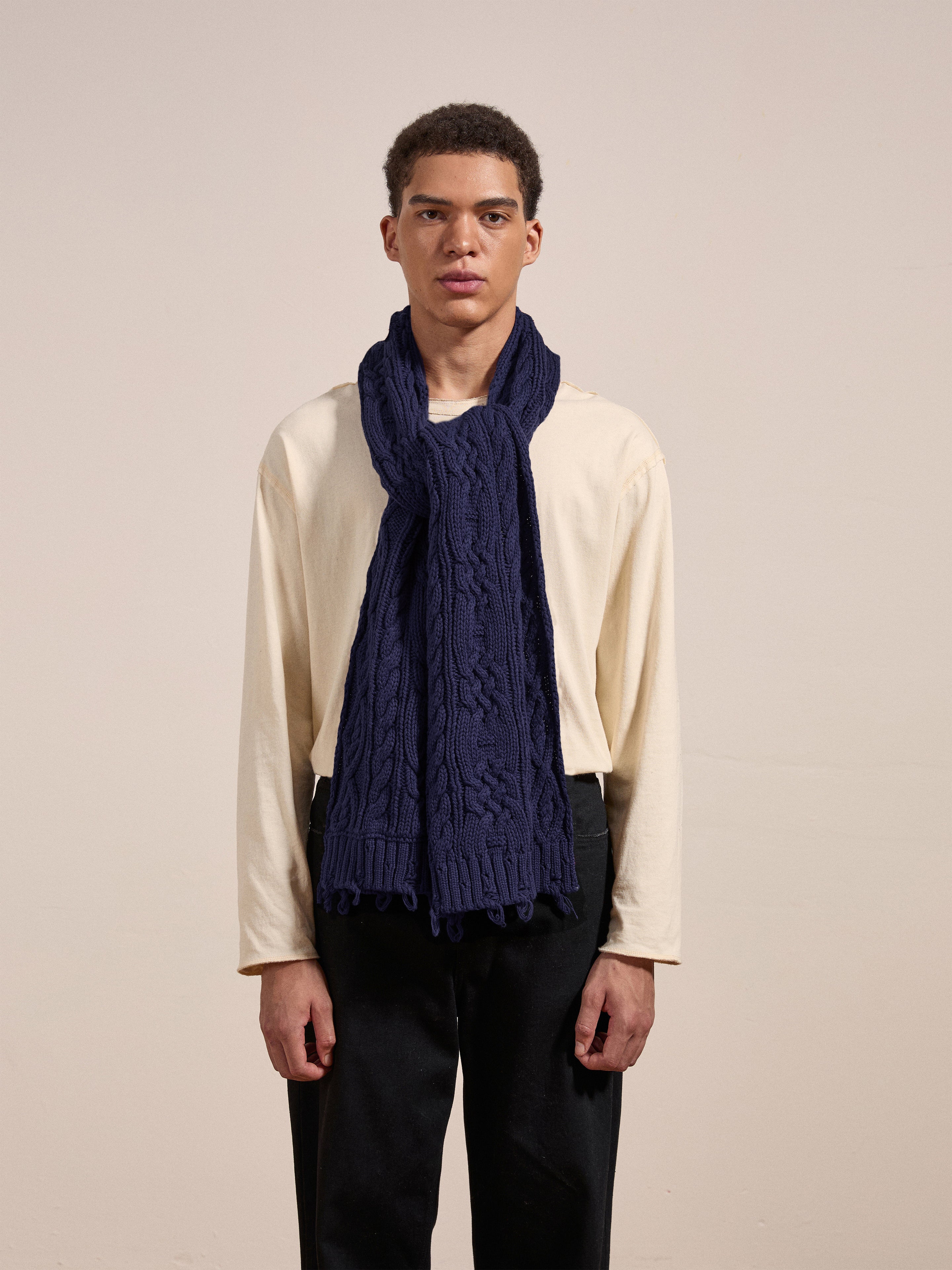 Navy Distressed Cable Knit Scarf | Modern Menswear by yycbvcnbmmnbm