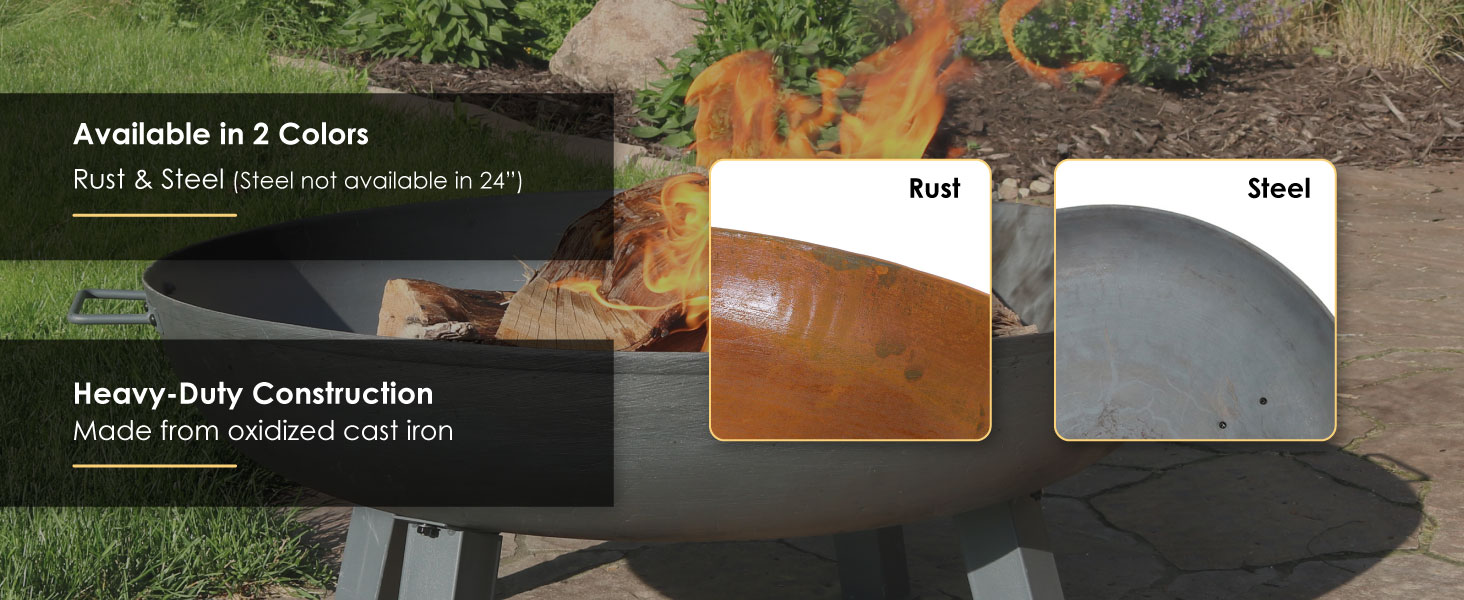 34" Rustic Cast Iron Wood-Burning Fire Pit, available in rust or steel heavy, duty construction