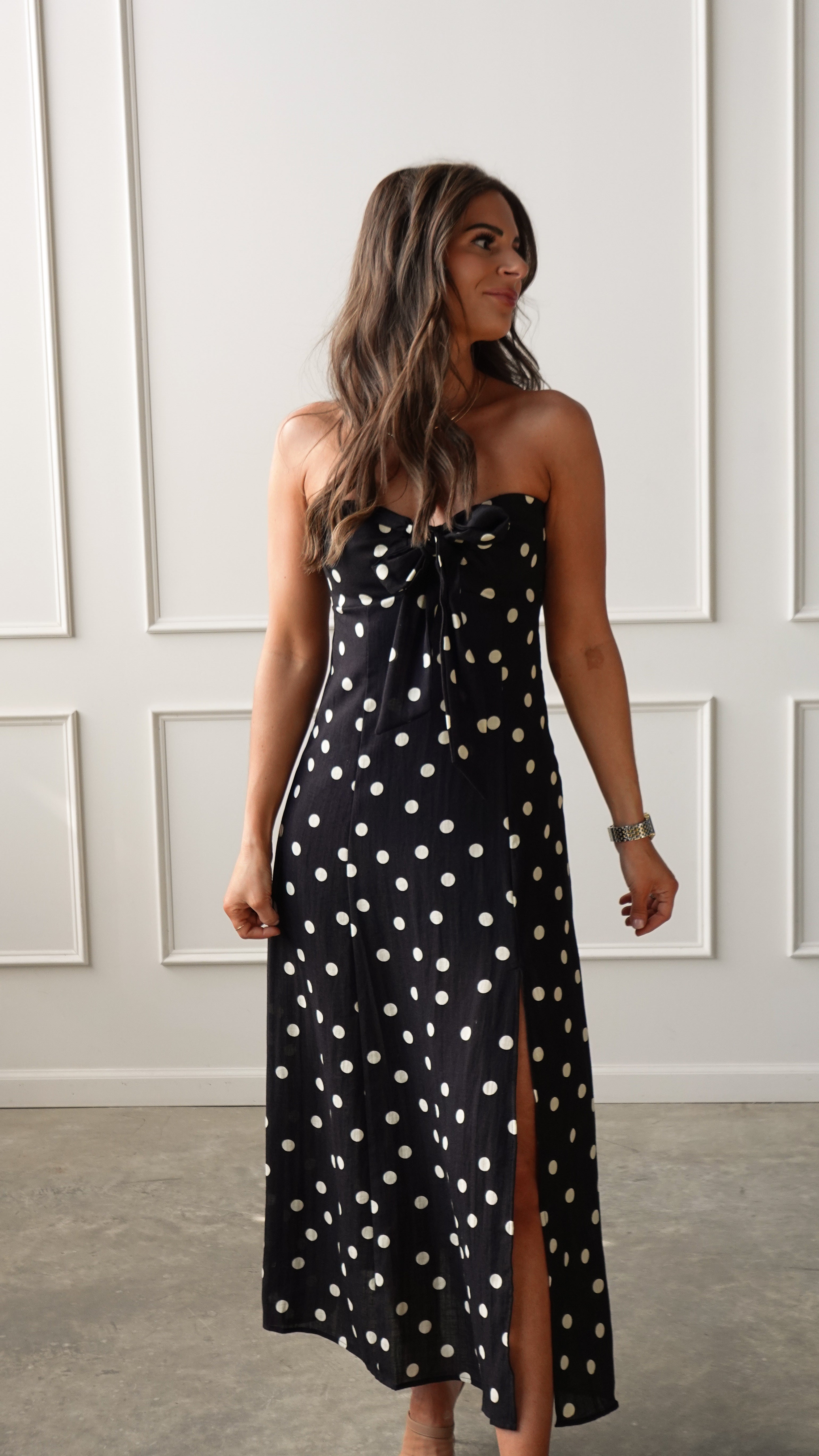 Black Polka Dot Strapless Dress | Elegant Women's Fashion by coolavocek