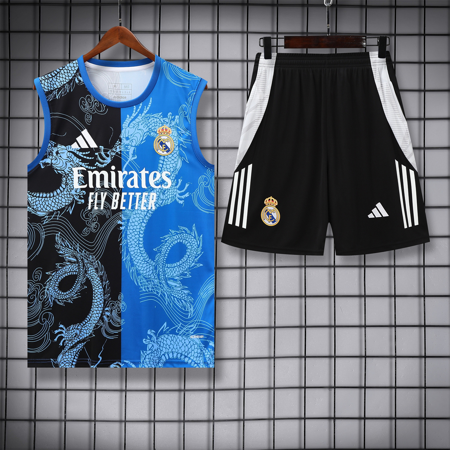 AlphaJersey-Real Madrid 25-26 Vest Training Set - Blue Black Dragon Vest & Black-White Shorts