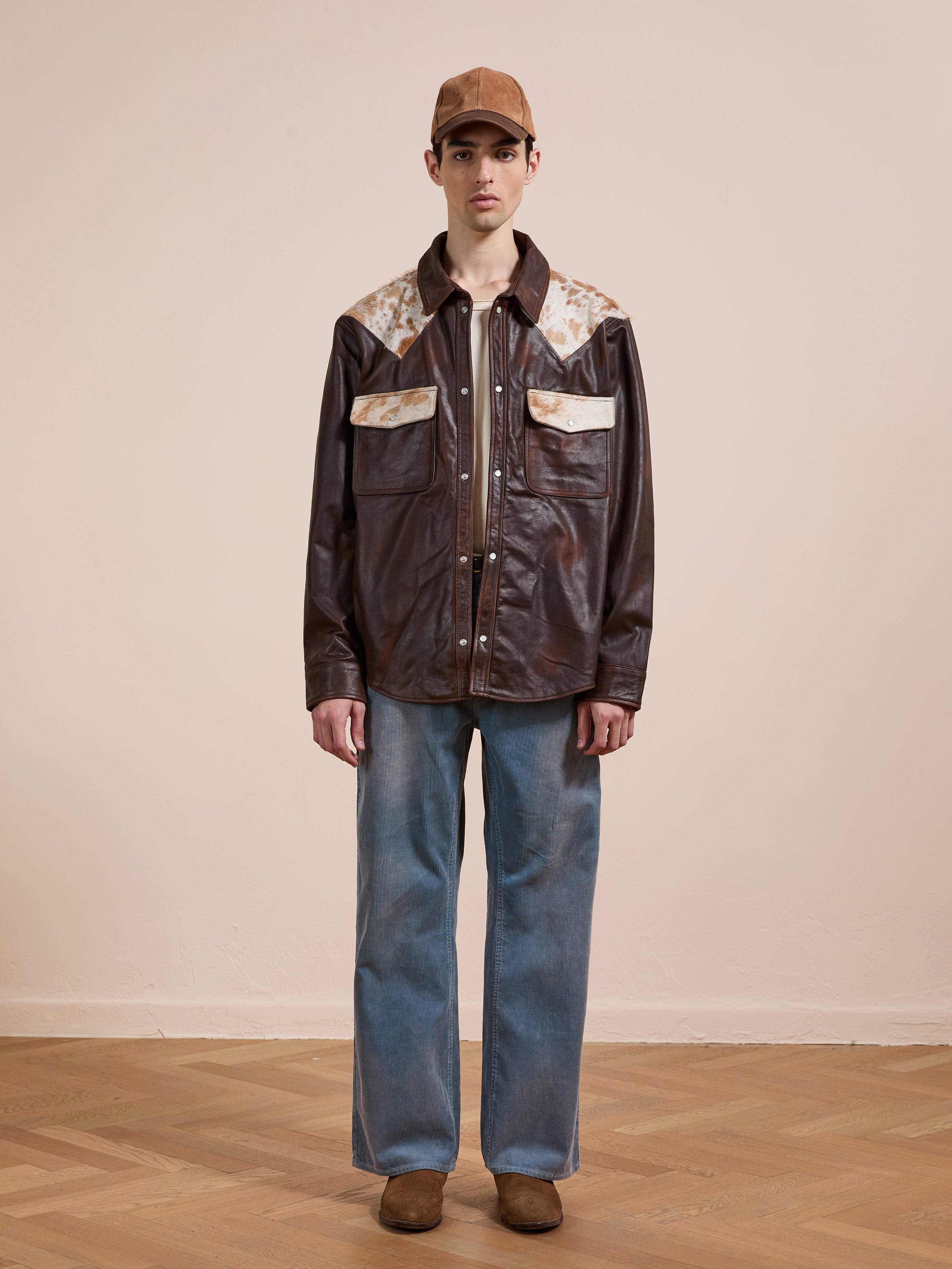 Distressed Leather Cowhide Contrast Western Shirt | Modern Menswear by yycbvcnbmmnbm