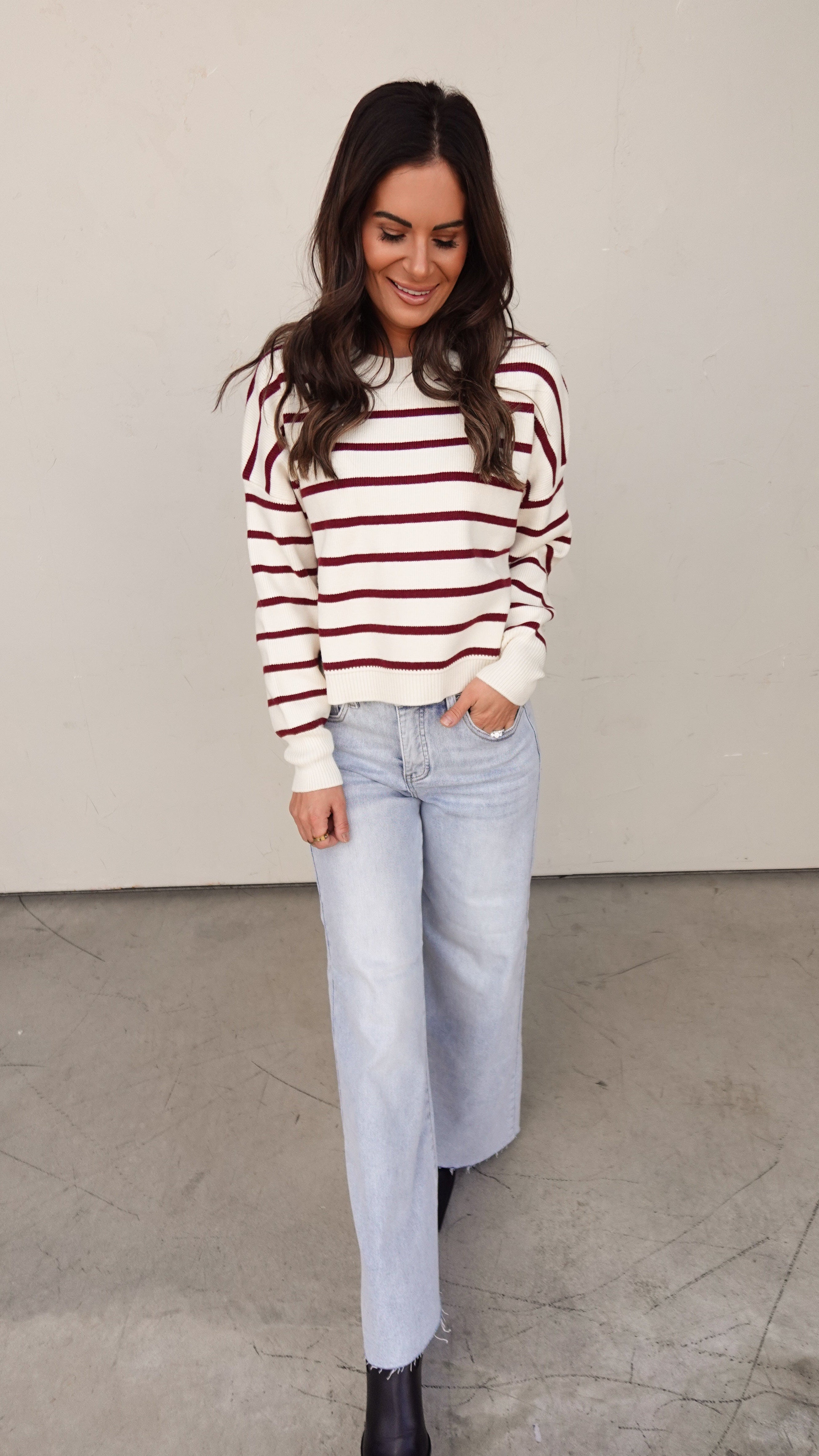 Ivory/Burgundy Striped Sweater | Elegant Women's Fashion by coolavocek