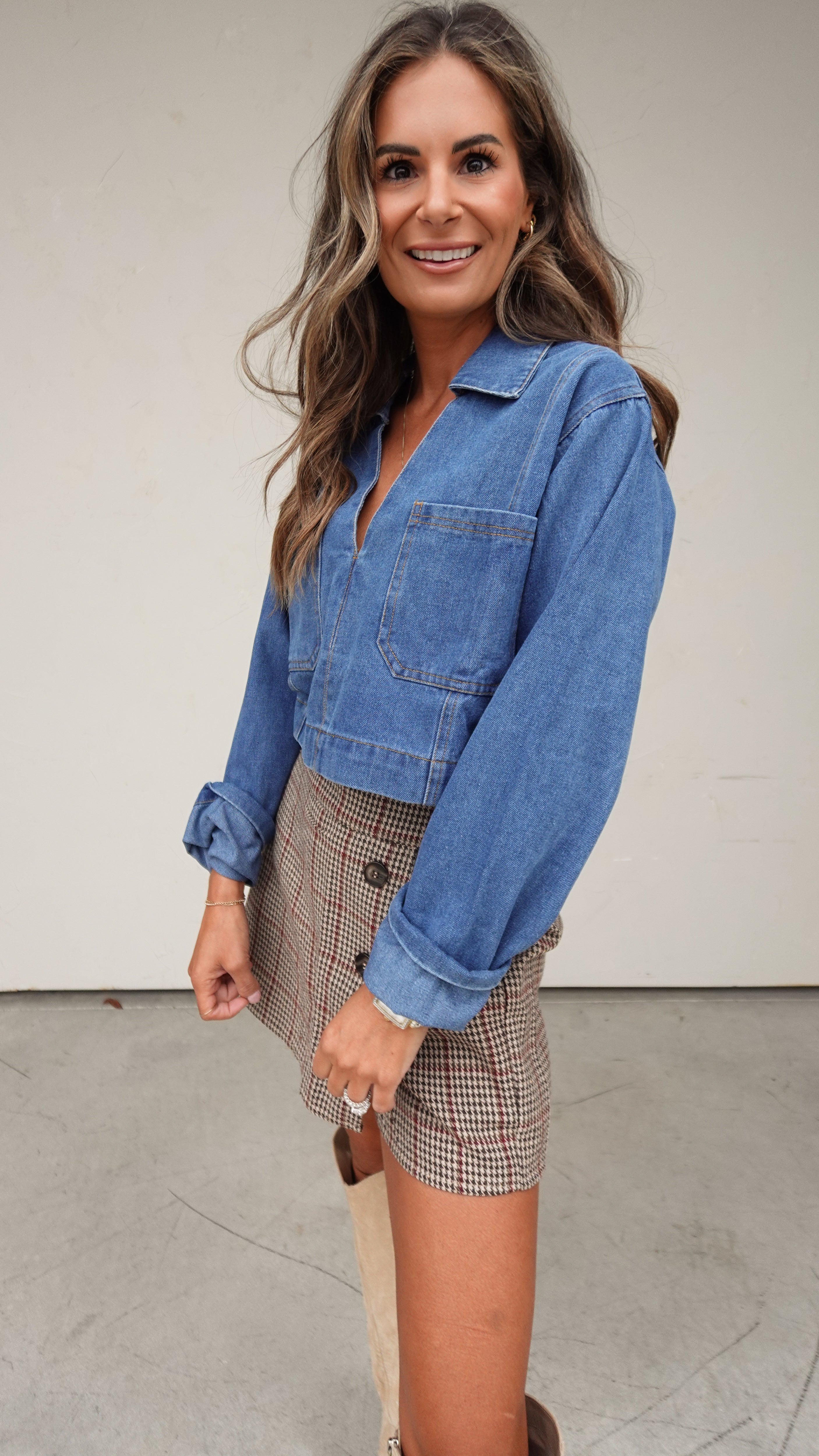 Denim Long Sleeve Cropped Top | Elegant Women's Fashion by coolavocek