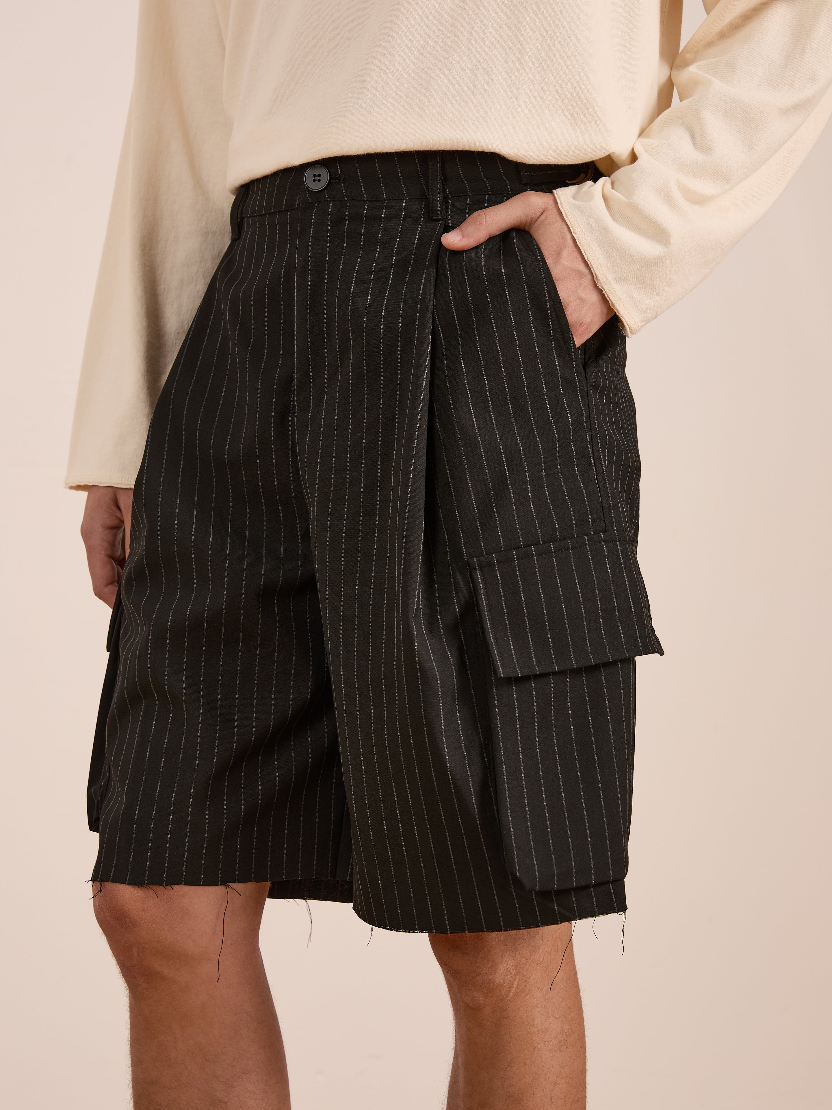 Hava Pinstripe Pleated Cargo Trouser Shorts | Modern Menswear by yycbvcnbmmnbm
