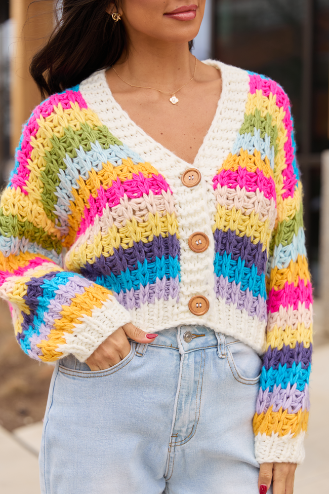 Colleen Multi-Stripe Cropped Chunky Cardigan | Elegant Women's Fashion by coolavocek