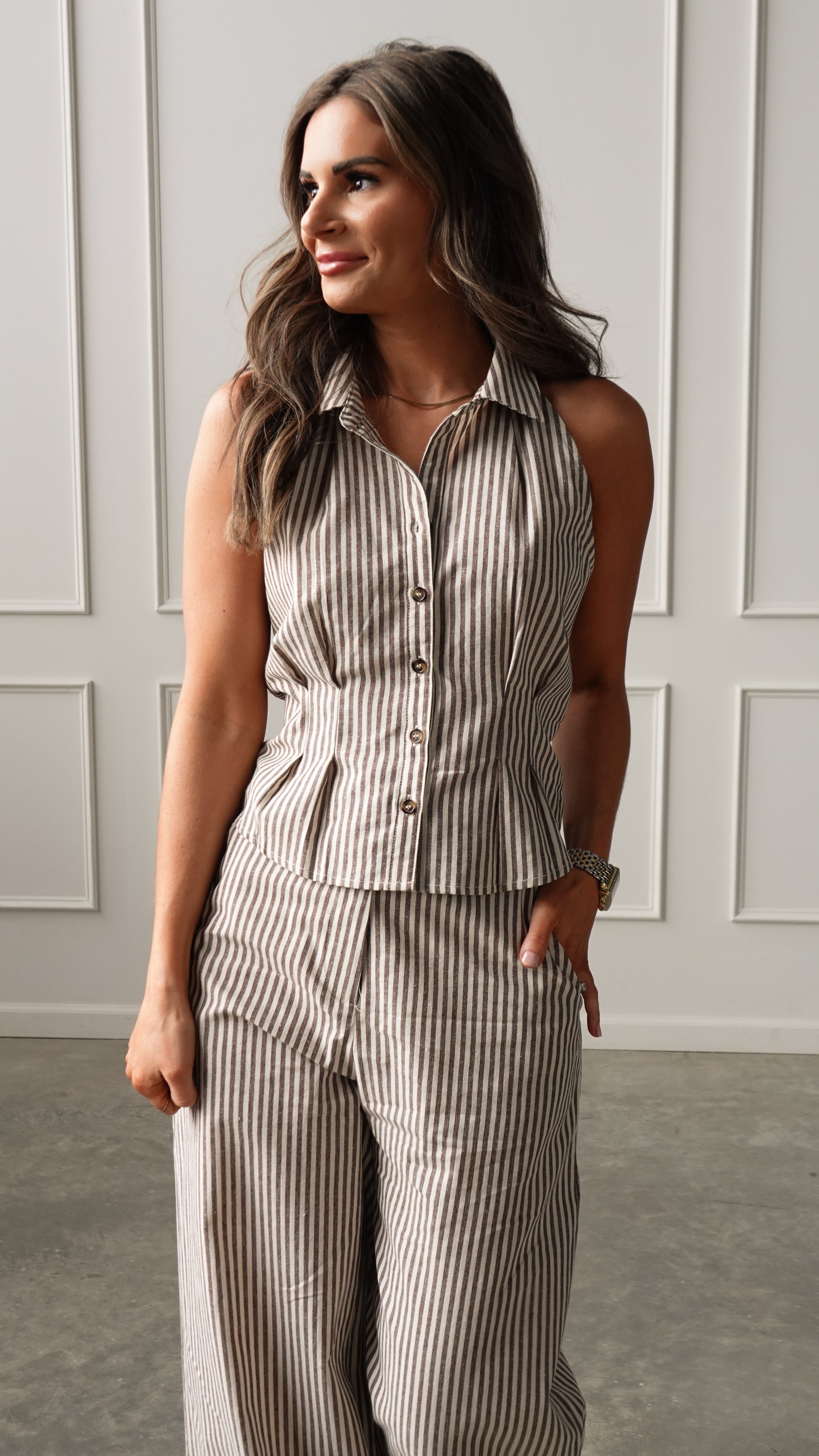 Brown Striped Wide-Leg Trouser | Elegant Women's Fashion by coolavocek
