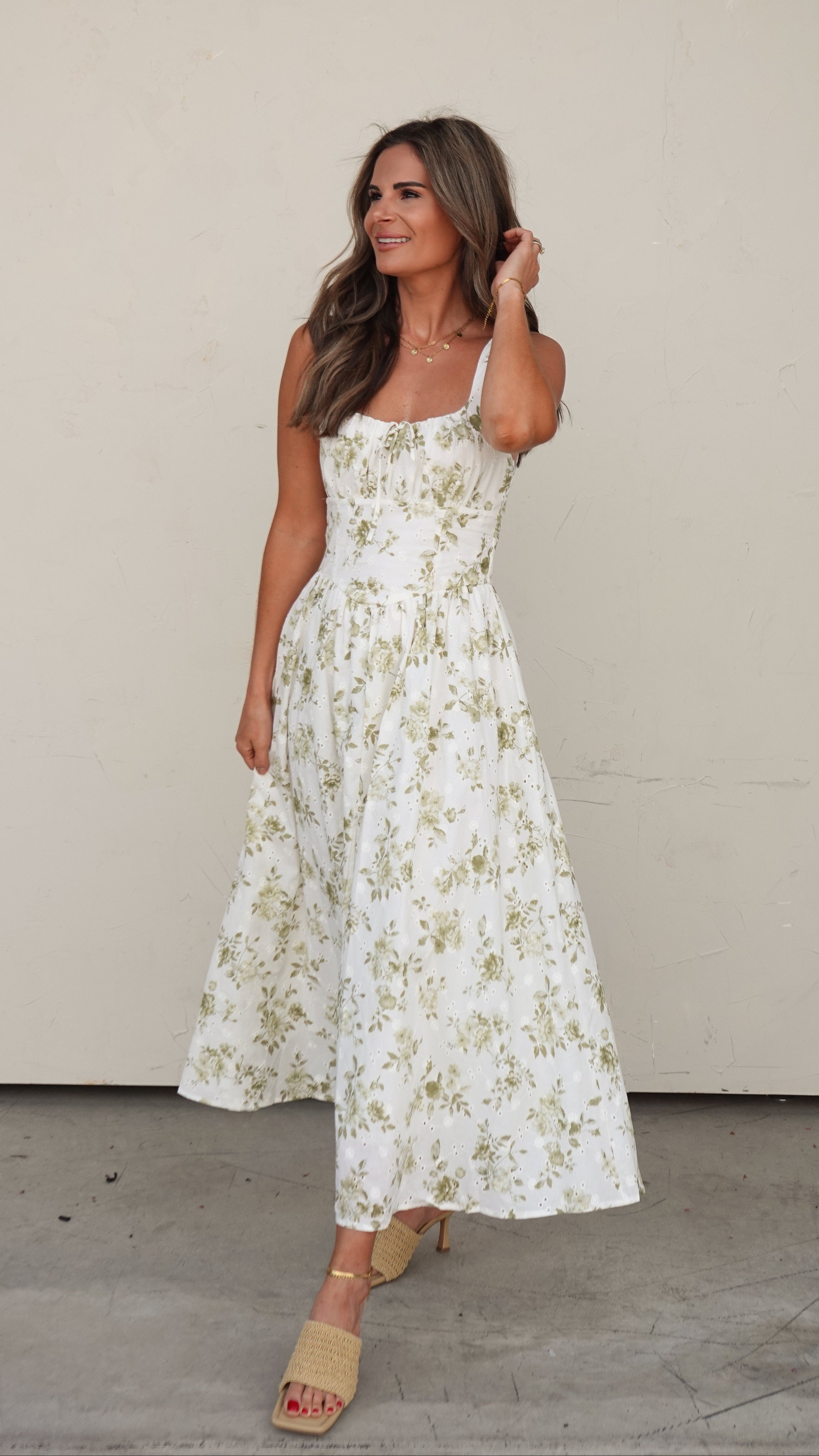 Green Floral Eyelet Midi Dress | Elegant Women's Fashion by coolavocek