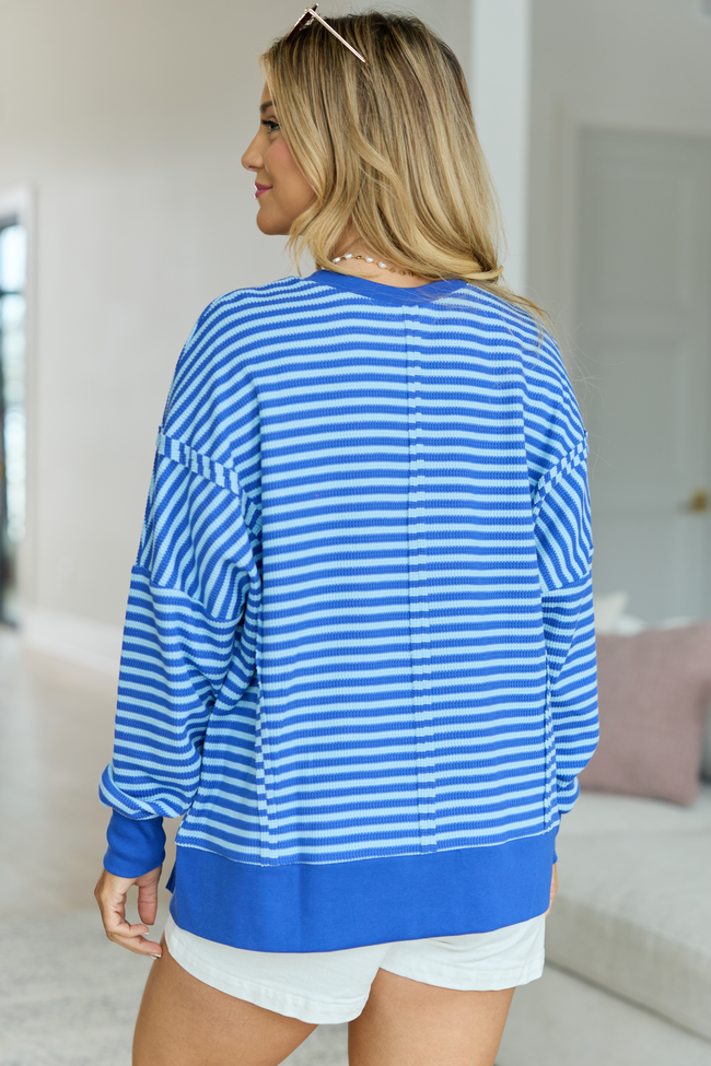 Kara Blue Stripe Waffle Pullover | Elegant Women's Fashion by coolavocek
