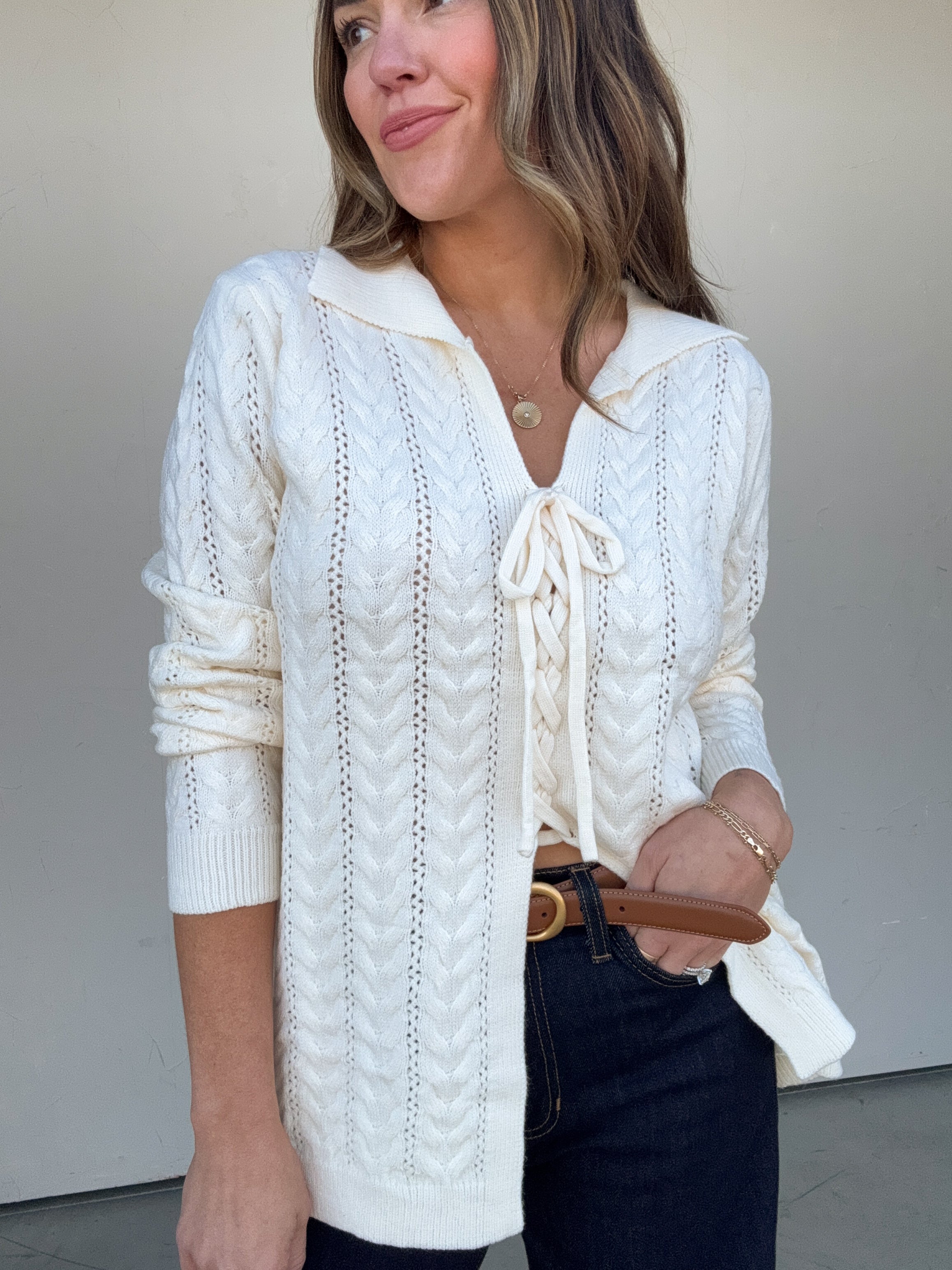Cream Cableknit Lace Up Sweater | Elegant Women's Fashion by coolavocek