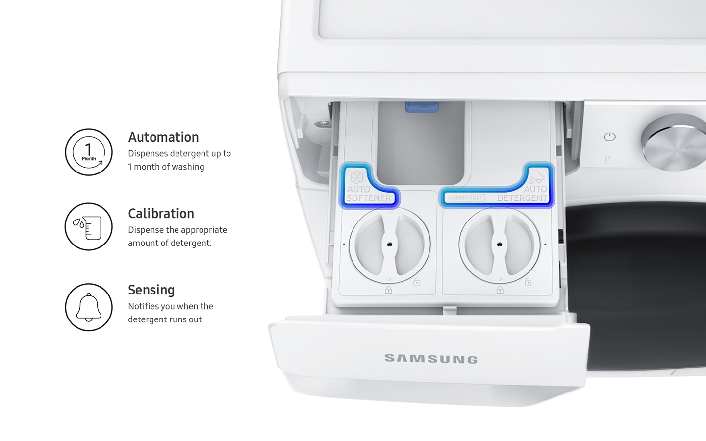 Get WD90T634DBN/SP now. auto softener and detergent slot on EcoBubble™, 9Kg, Washer Dryer, 4 Ticks from top