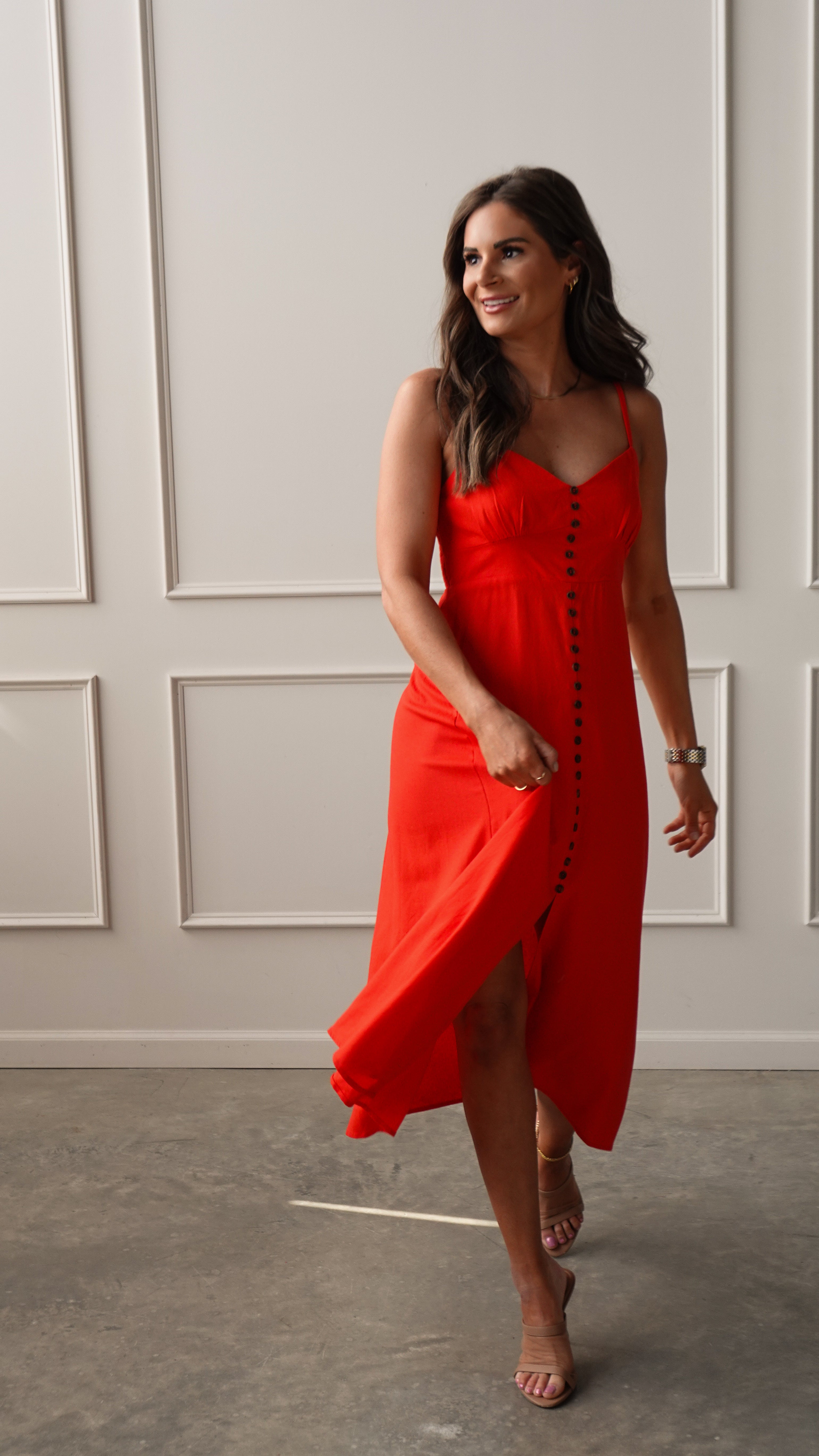 Red Midi Dress with Buttons | Elegant Women's Fashion by coolavocek