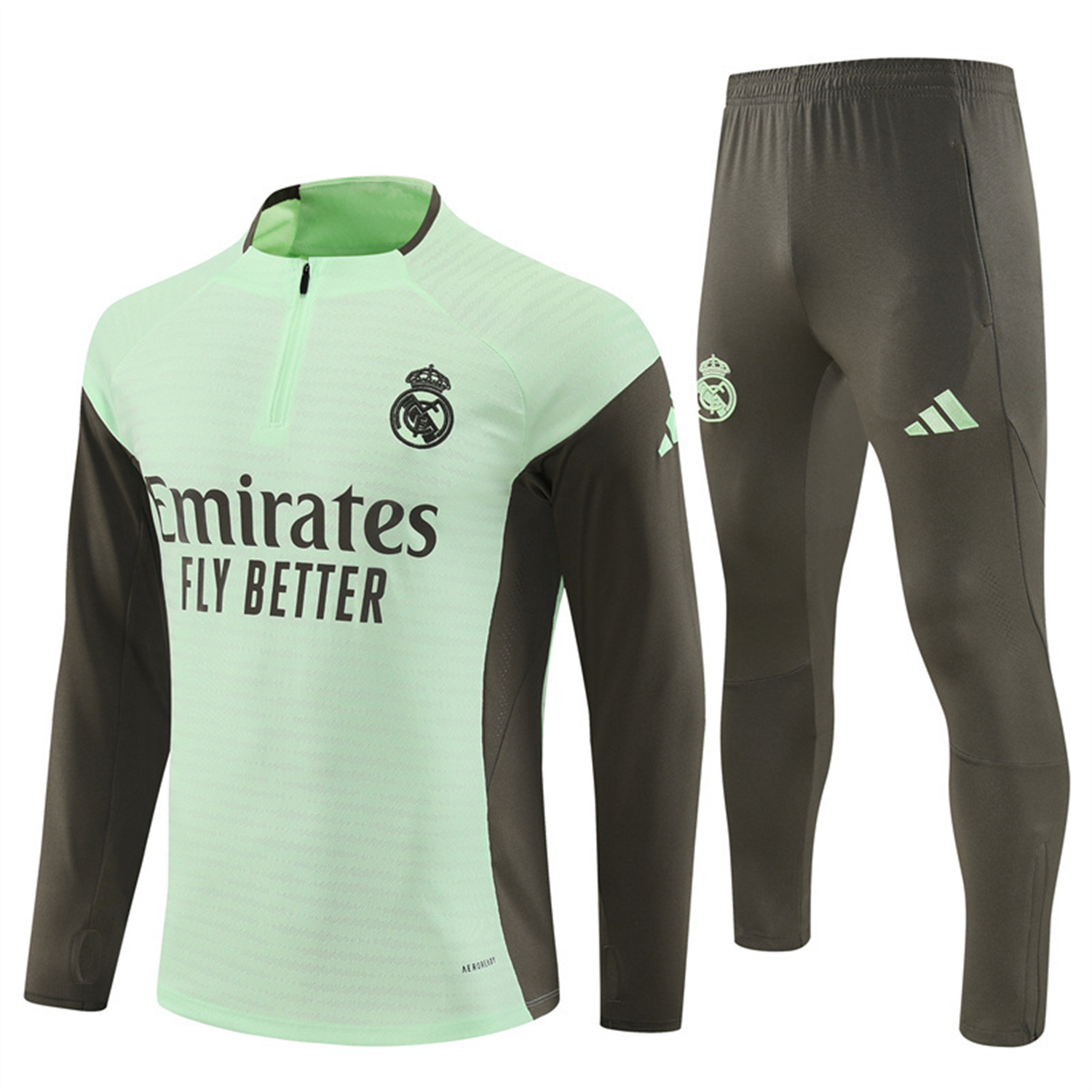 AlphaJersey-Real Madrid 25-26 Long Sleeve Training Set - Player Version - Light Green Top and Khaki Pants
