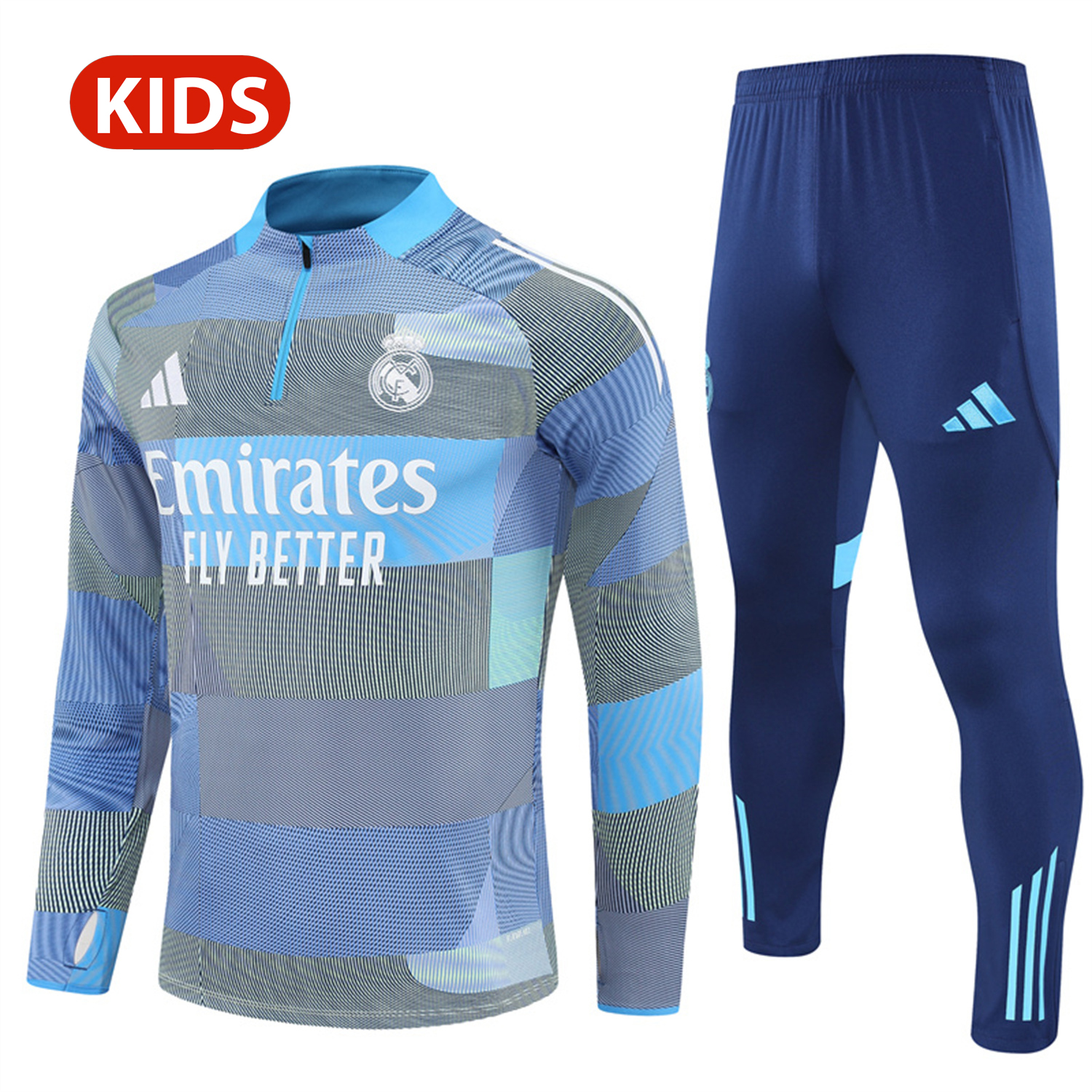 AlphaJersey-Real Madrid 25-26 Kids Long Sleeves Training Set - Blue-Gray Camouflage Top & Blue Pants
