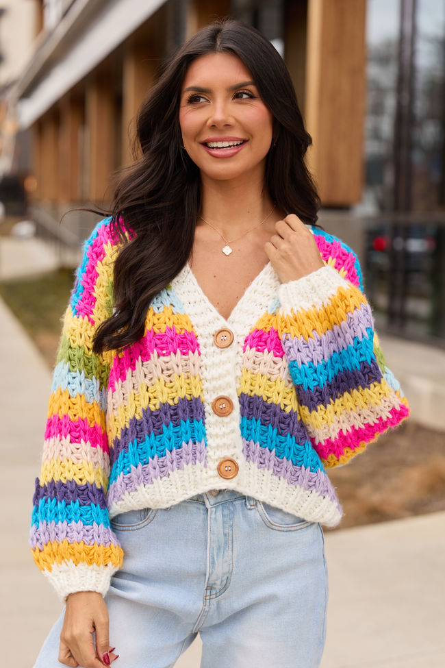 Colleen Multi-Stripe Cropped Chunky Cardigan | Elegant Women's Fashion by coolavocek