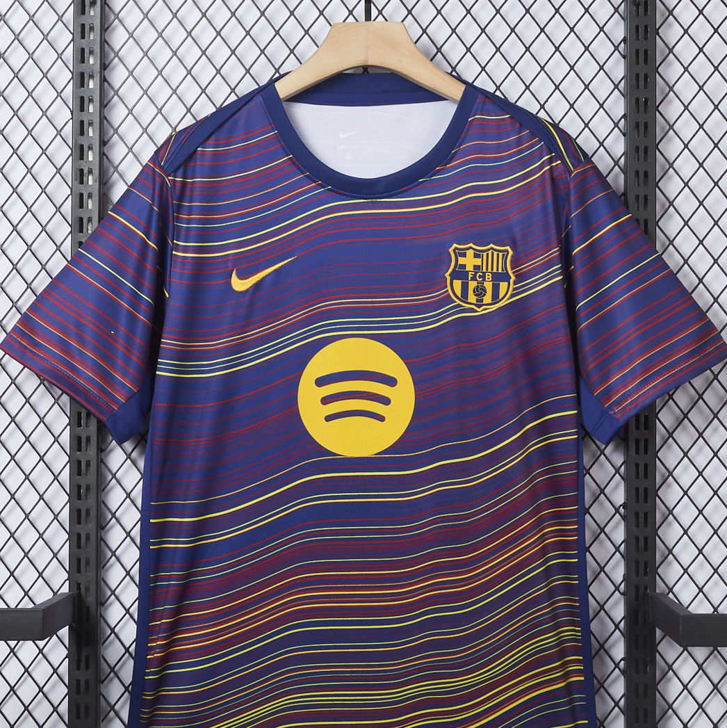 AlphaJersey-Barcelona 25-26 Deep Blue Pre-Match Training Jersey with Colorful Lines - Fans Version