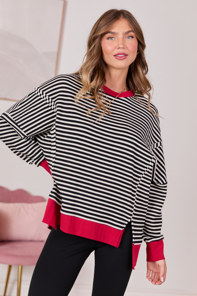Kara Black And White Stripe Waffle Pullover | Elegant Women's Fashion by coolavocek