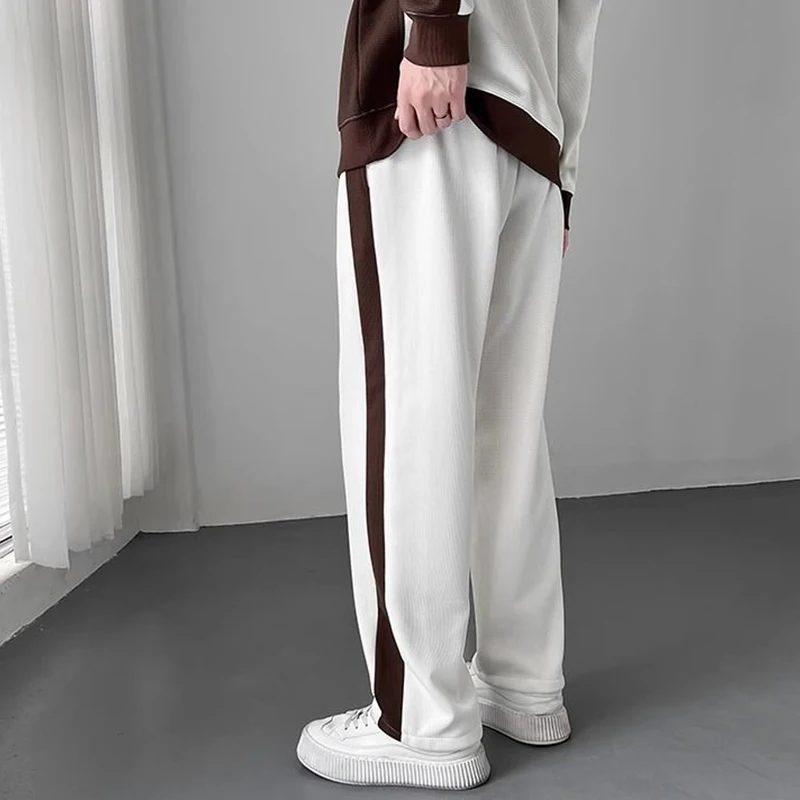 Spring Autumn Korean Fashion Patchwork Sweatshirt Elastic Casual Sweatpants Set Men Loose Comfortable Sporty Pullover Top Pants