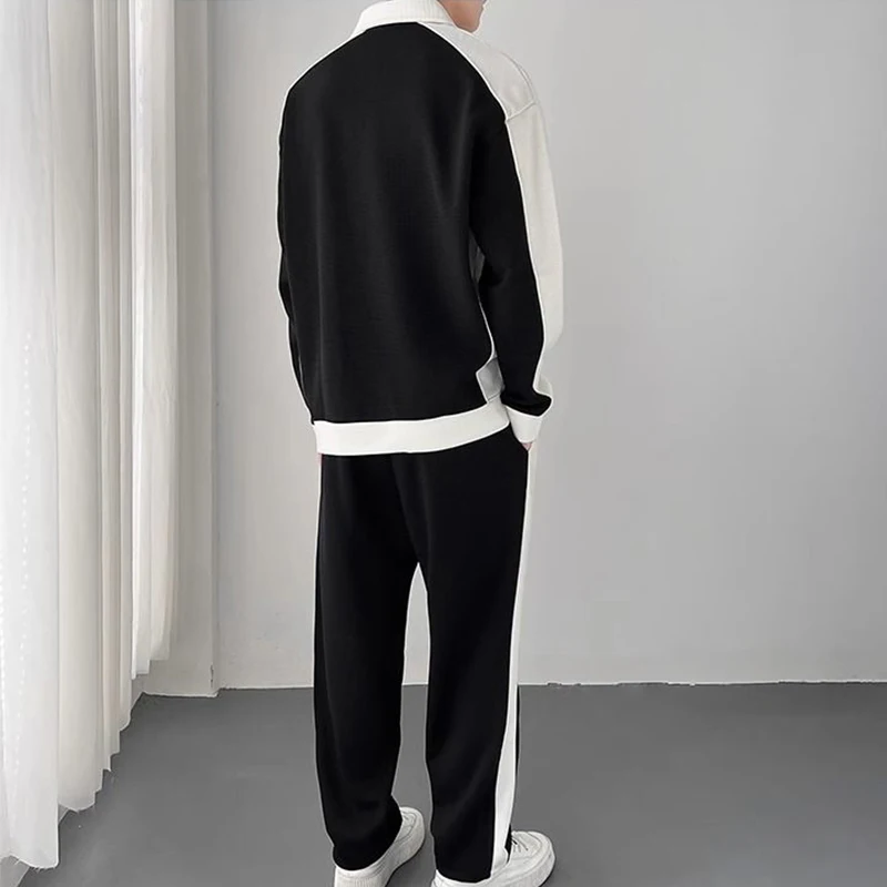 Spring Autumn Korean Fashion Patchwork Sweatshirt Elastic Casual Sweatpants Set Men Loose Comfortable Sporty Pullover Top Pants