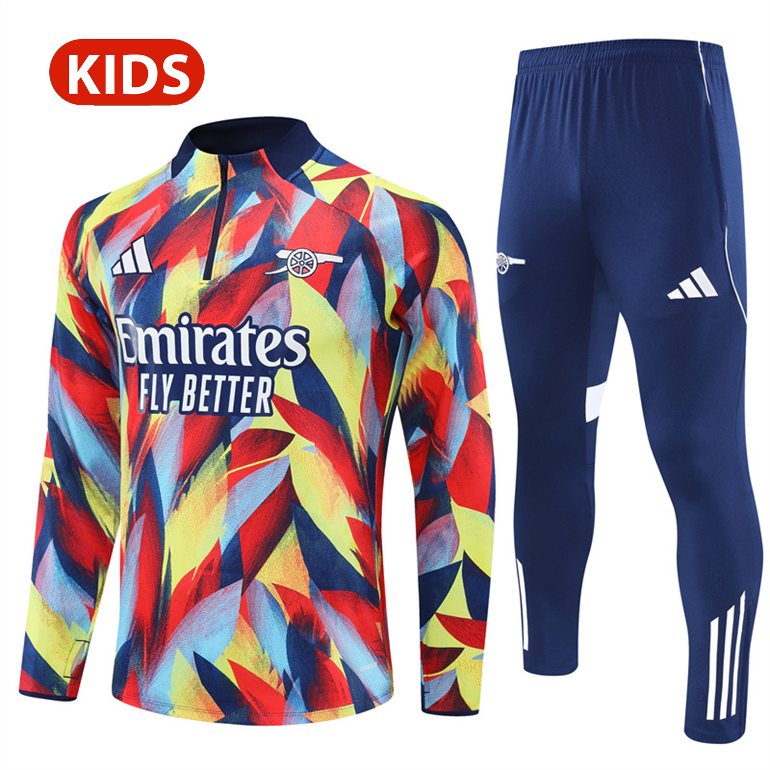 AlphaJersey-Arsenal 25-26 Kid Long Sleeves Training Set - Colorful Camouflage Top & Royal Blue Pants
