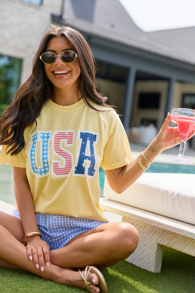 USA Lace Print Yellow Graphic Tee | Elegant Women's Fashion by coolavocek