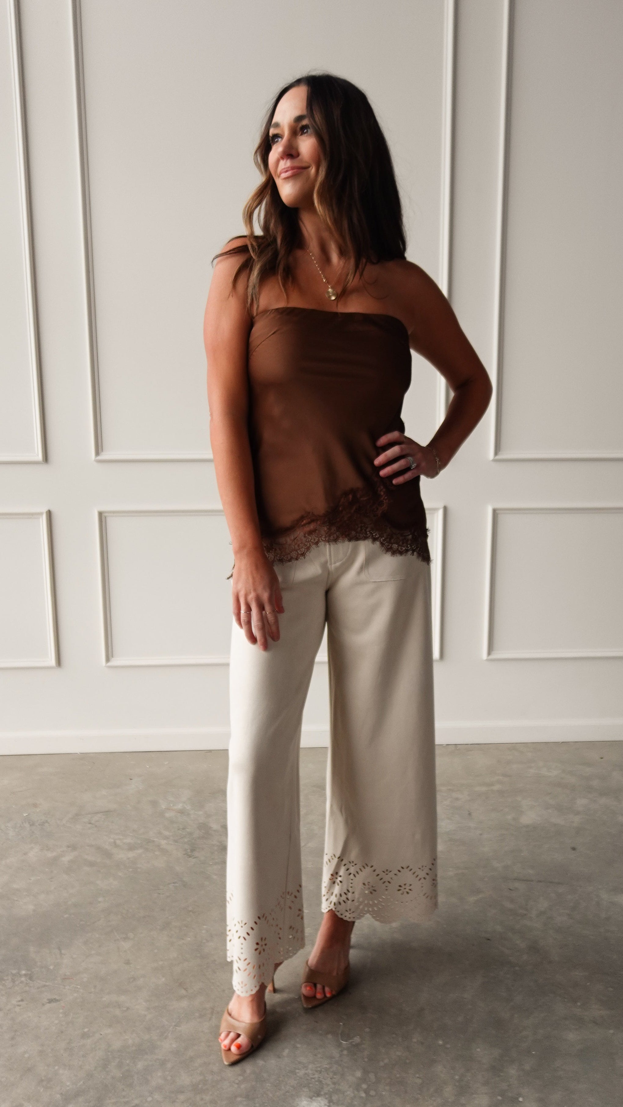 Mocha Strapless Satin Top with Lace | Elegant Women's Fashion by coolavocek
