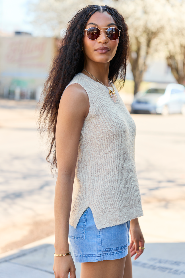 Best Day Ever Beige High Neck Sweater Tank | Elegant Women's Fashion by coolavocek