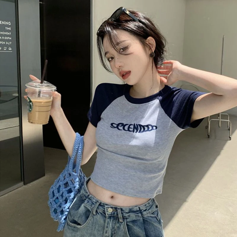 Cartoon Letter Print Tops Tshirt Women Korean Style Slim Sexy  Elasticity T-Shirt Clothes Womens Summer Streetwear Tee Crop Tops