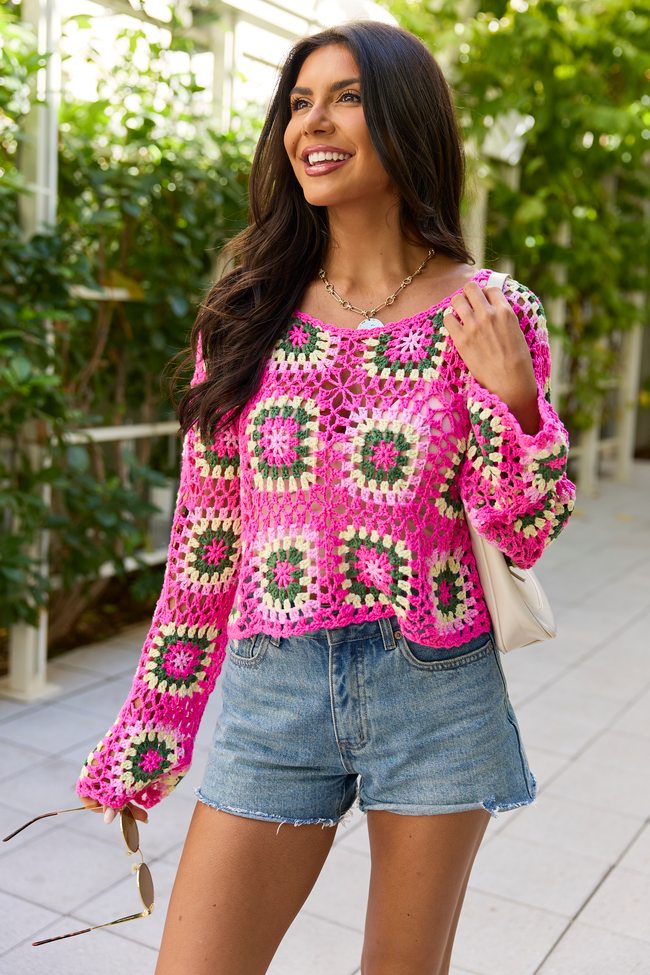 Annabelle Pink And Green Crochet Sweater | Elegant Women's Fashion by coolavocek