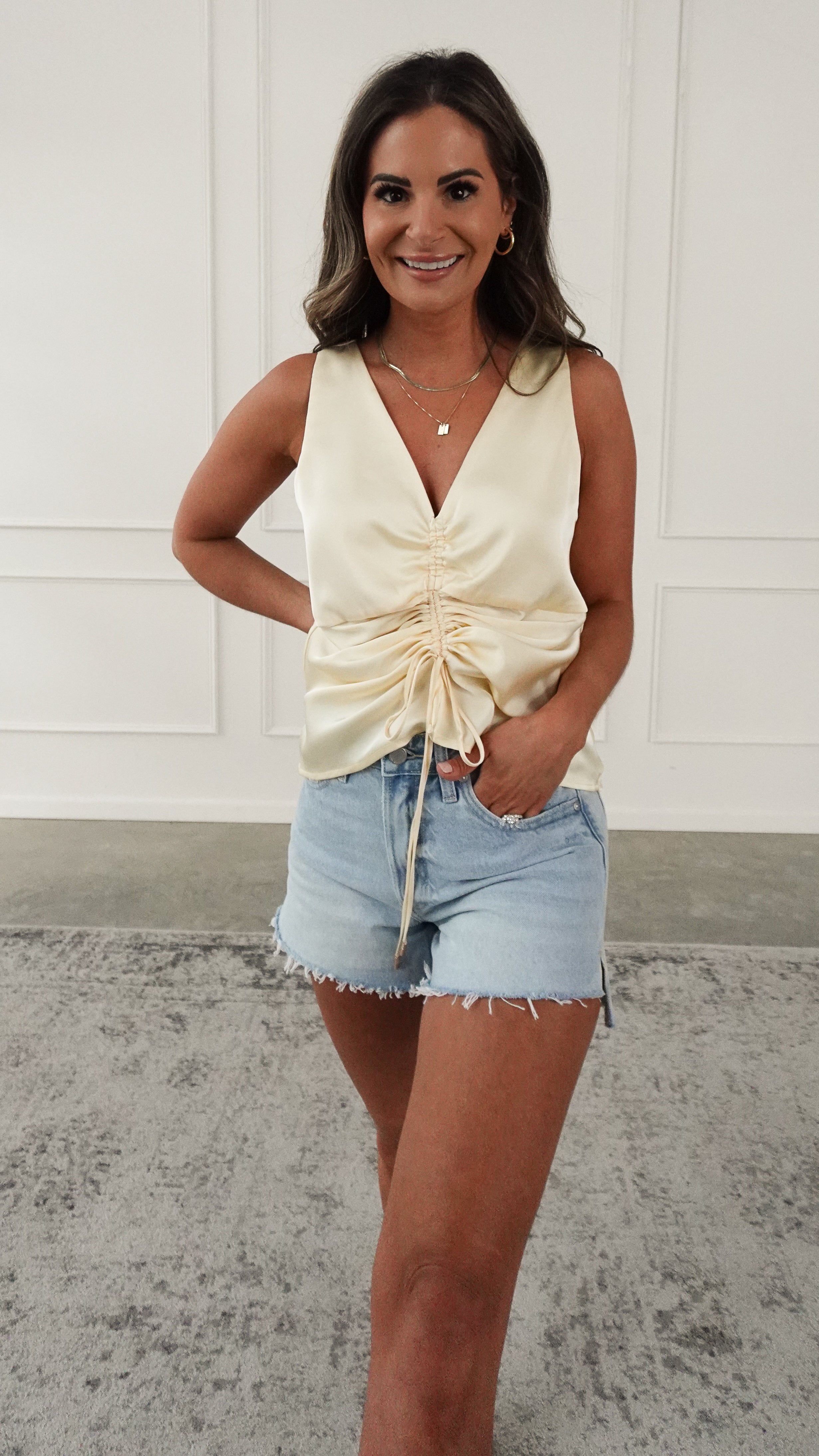 Yellow Satin Ruched Sleeveless Top | Elegant Women's Fashion by coolavocek